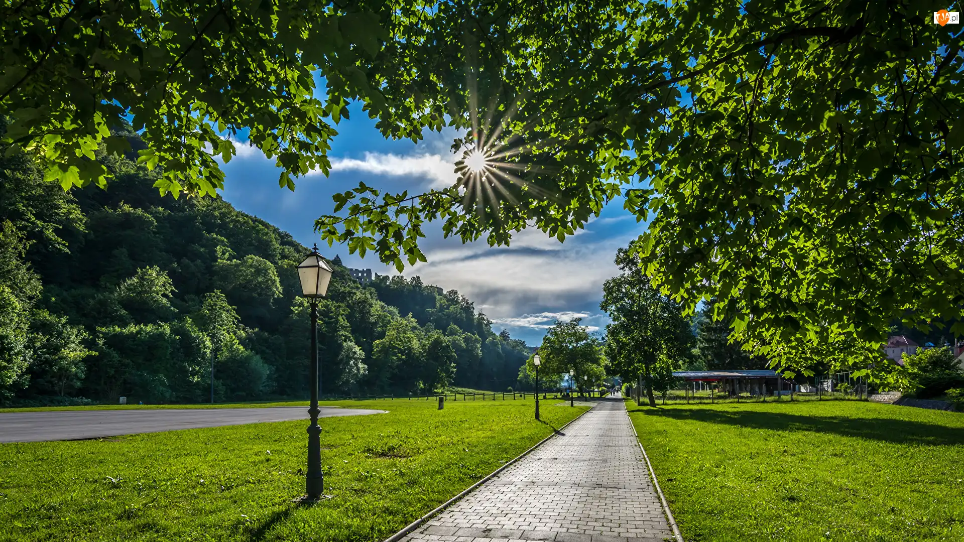 Samobor, Park, Promienie słońca, Chorwacja, Latarnie, Alejka, Drzewa