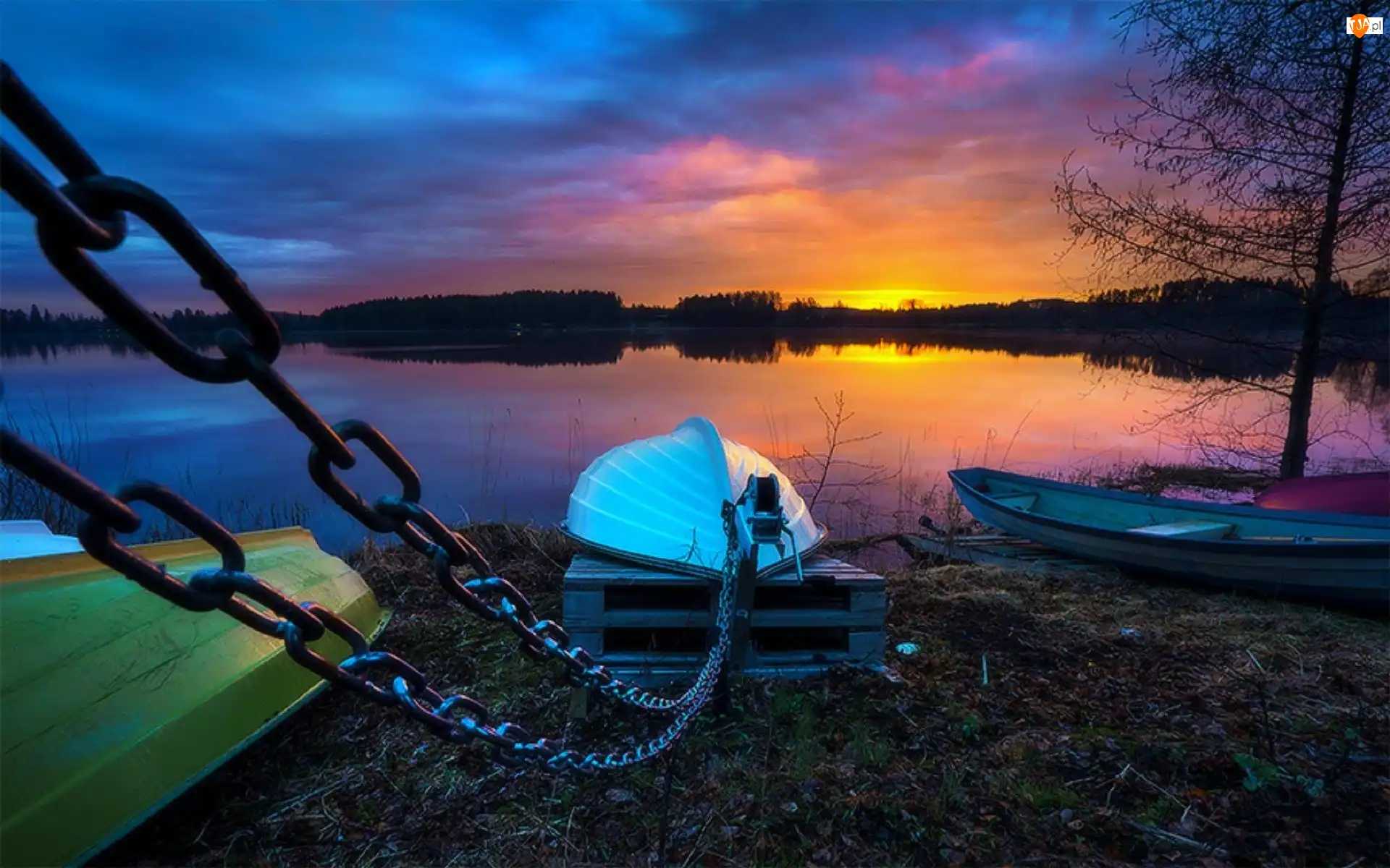 Lasy, Słońca, Jezioro, Łodzie, Zachód