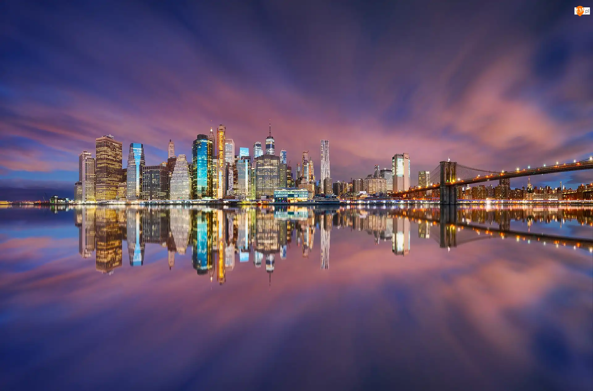 Stany Zjednoczone, Wieżowce, Nowy Jork, Cieśnina East River, Świt, Most Brookliński, Brooklyn Bridge, Nowy Jork, Rzeka