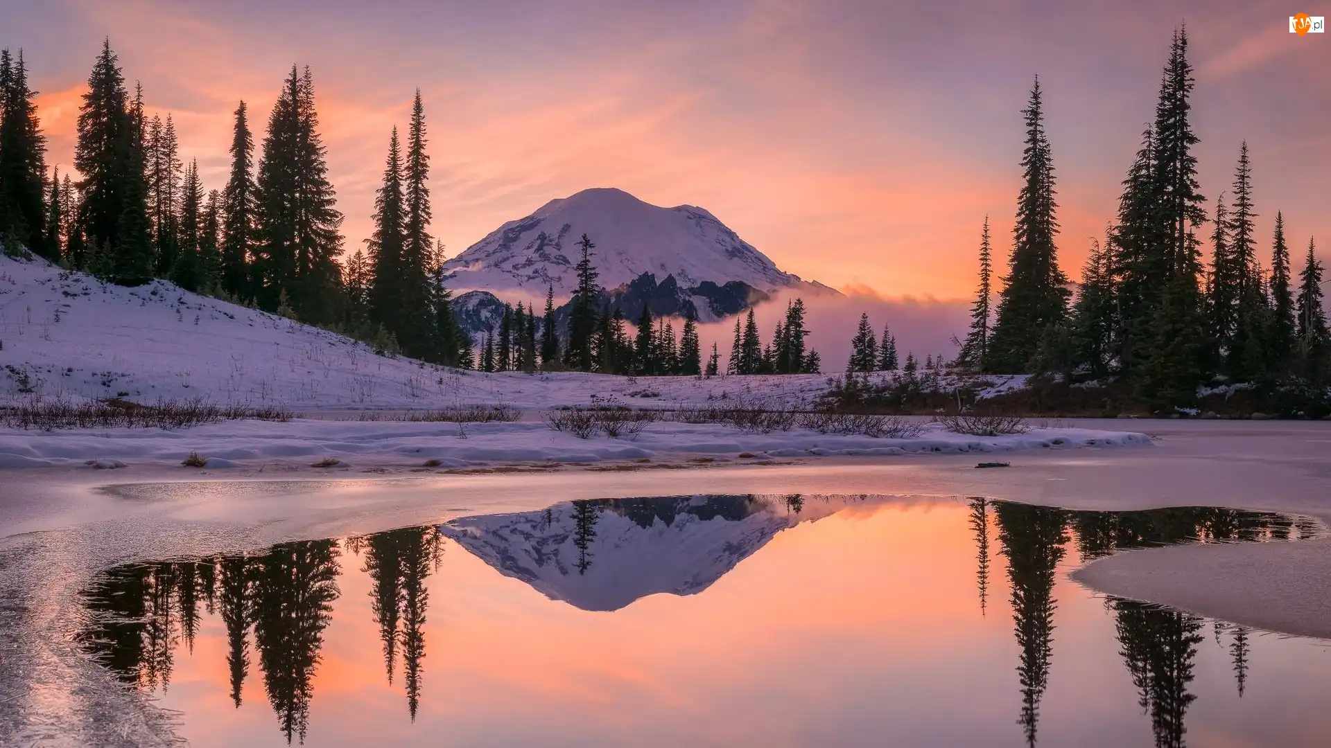 Tipsoo Lake, Odbicie, Stratowulkan Mount Rainier, Wschód słońca, Góry, Stan Waszyngton, Drzewa, Zima, Park Narodowy Mount Rainier, Jezioro, Stany Zjednoczone