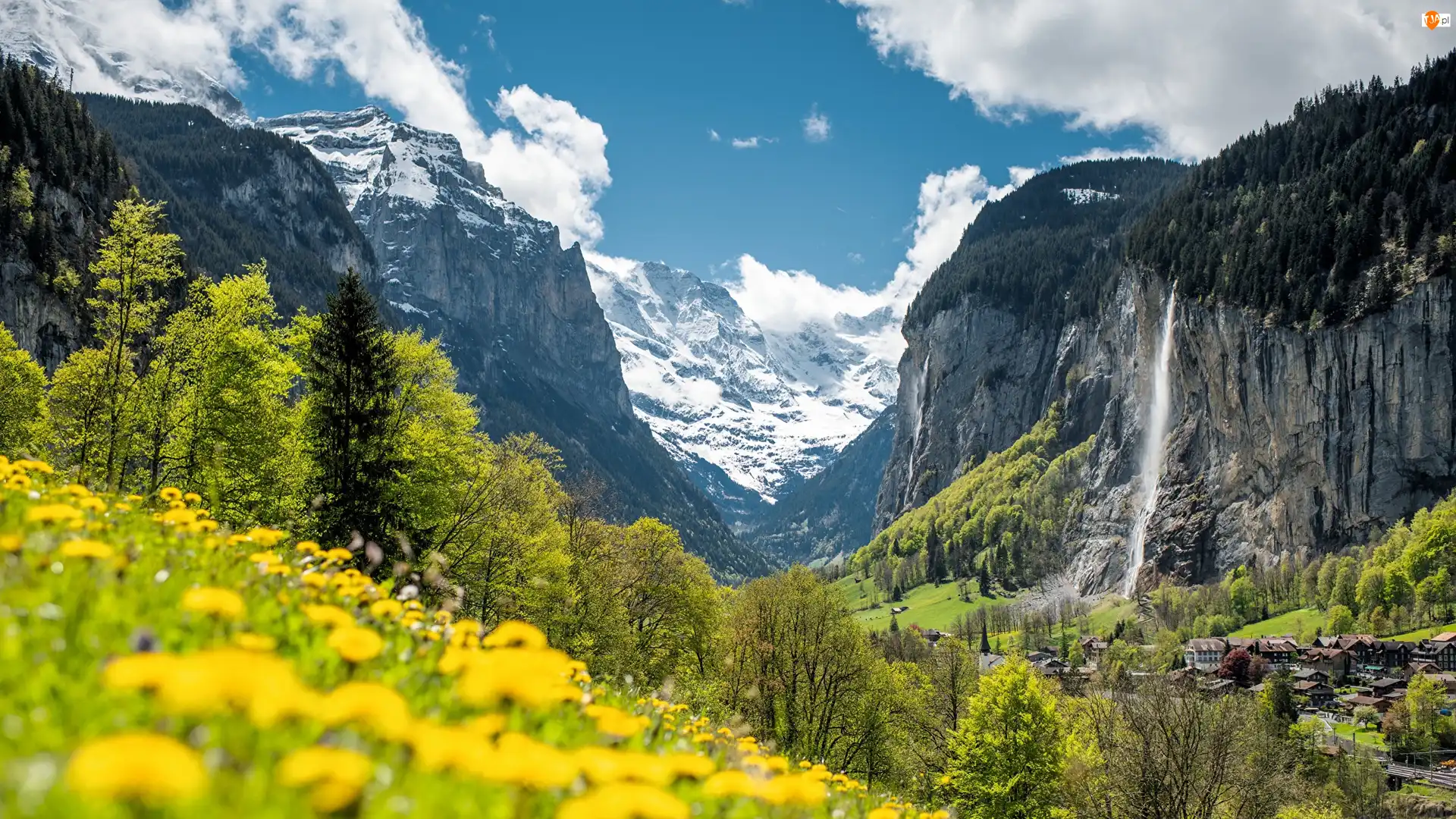 Staubbachfall, Alpy, Wodospad, Szwajcaria, Lauterbrunnen, Góry, Drzewa, Dolina Lauterbrunnental, Kwiaty, Chmury, Domy, Kanton Bern