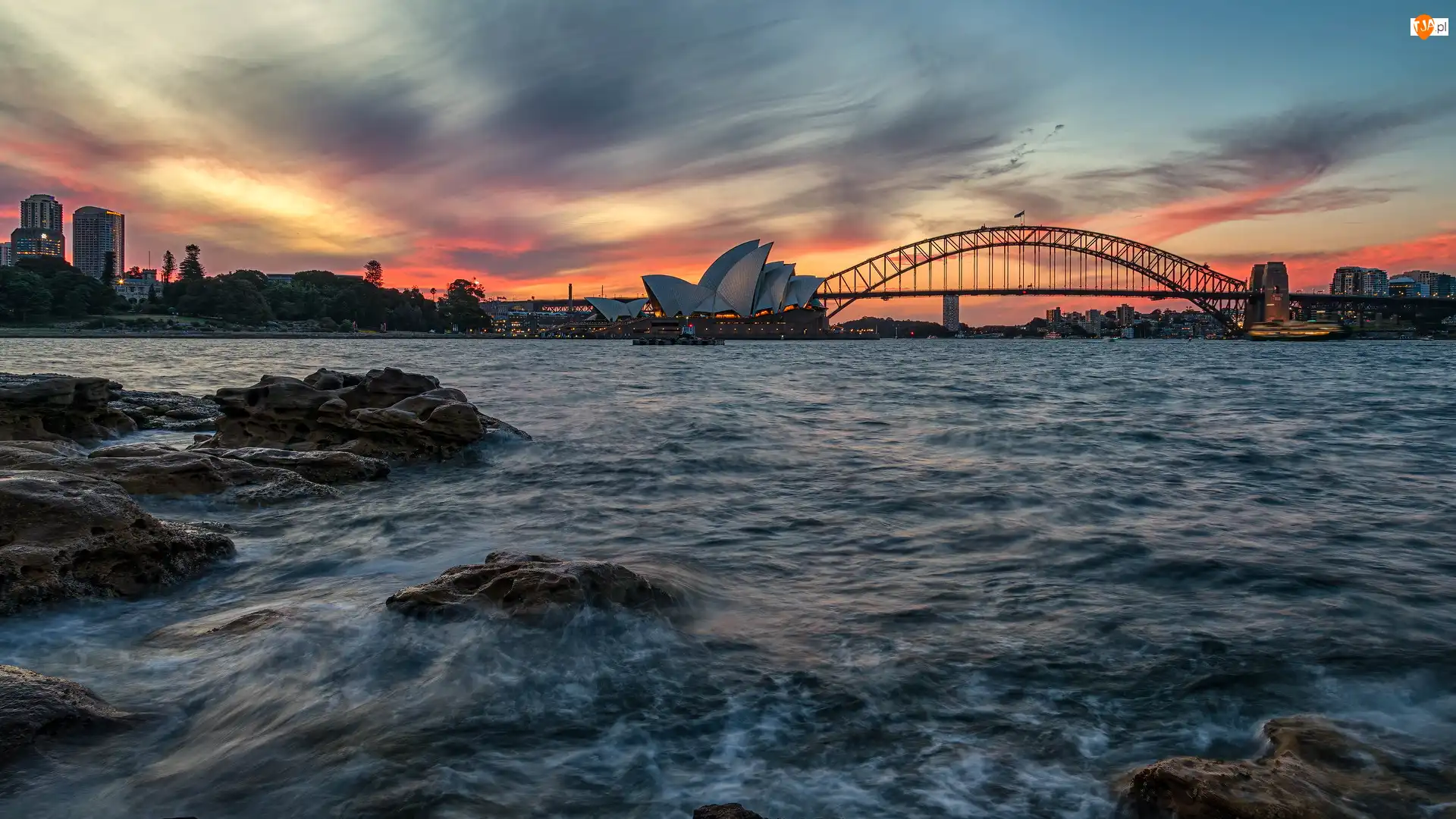 Sydney Opera House, Zatoka Port Jackson, Zachód słońca, Australia, Most Sydney Harbour, Sydney