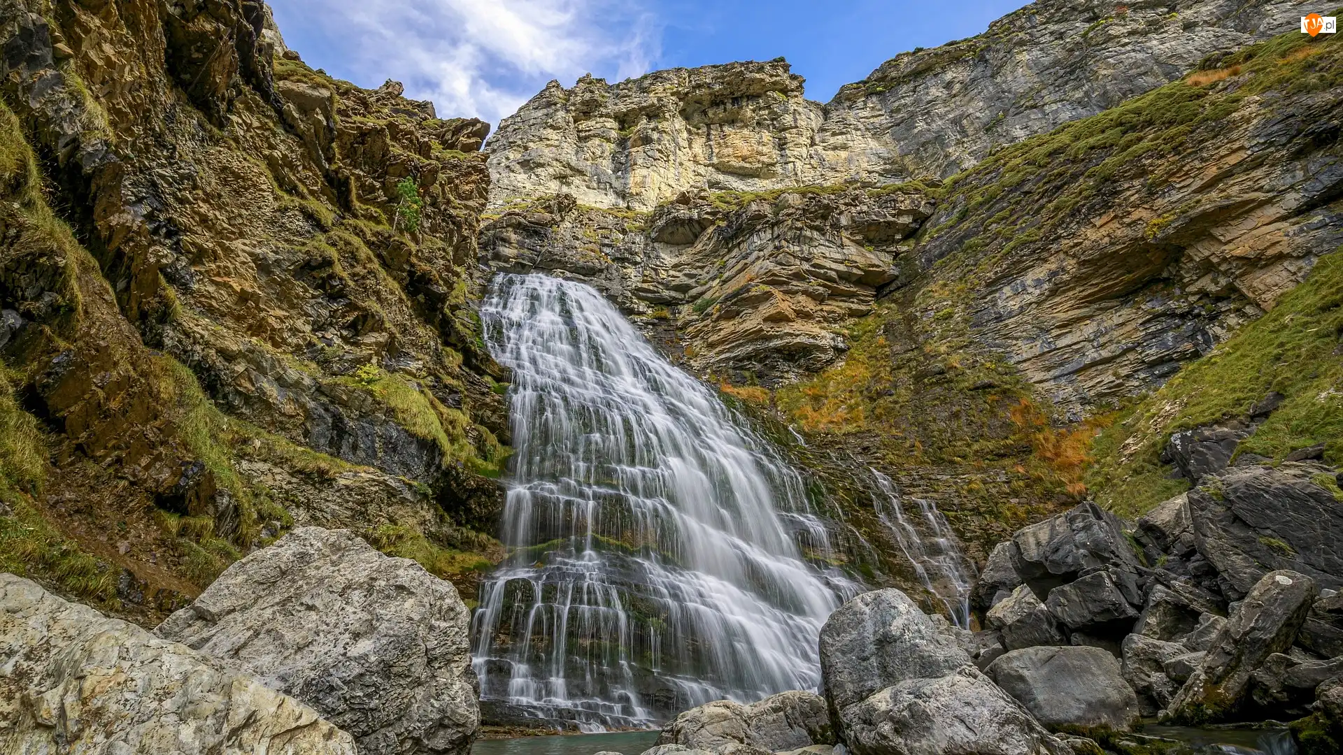 Kamienie, Skały, Cascada Cola de Caballo, Hiszpania, Wodospad, Park Narodowy Ordesa y Monte Perdido