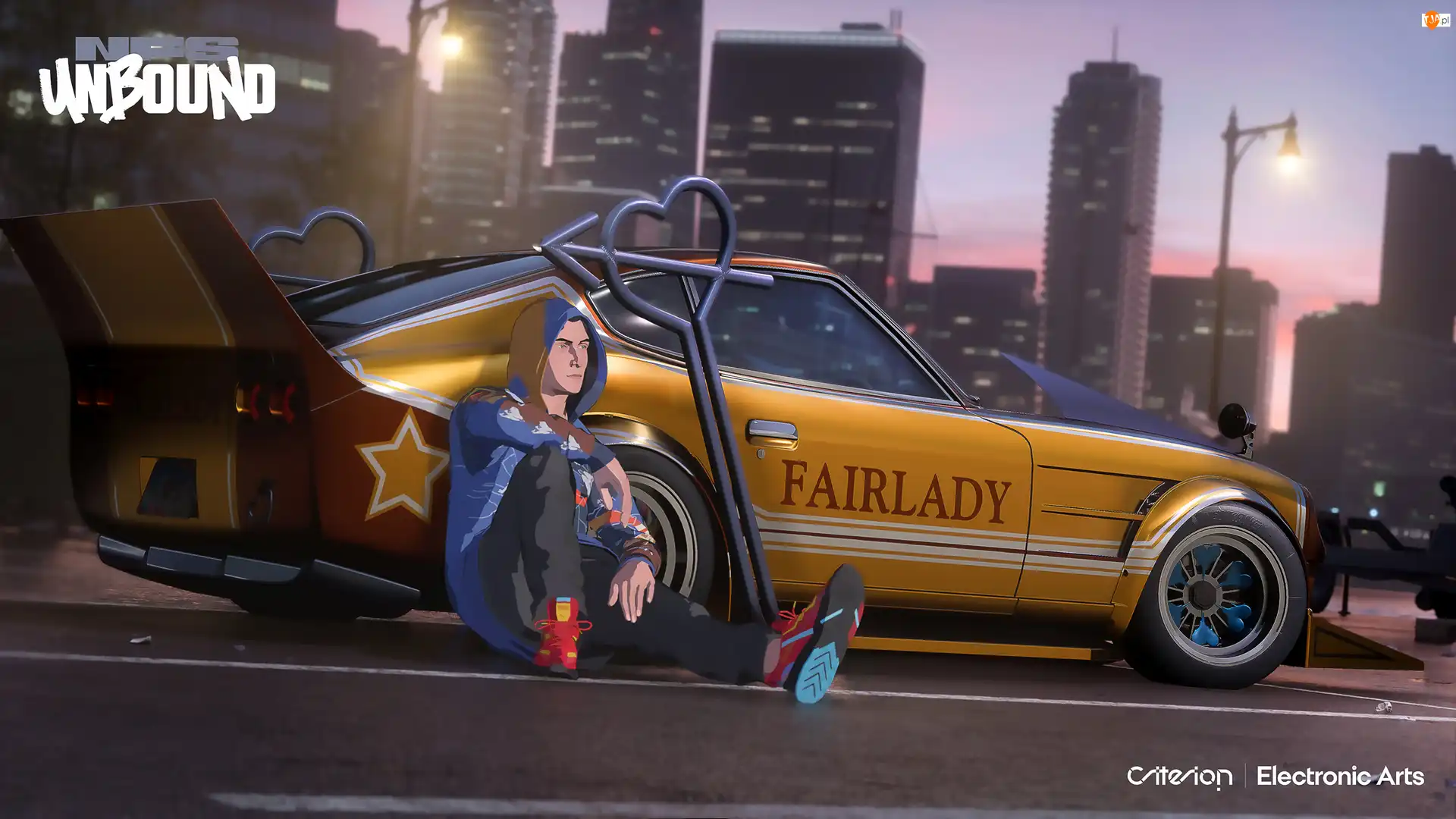 Sportowy, Need for Speed Unbound, Kaptur, Wieżowce, Postać, Samochód, Plakat, Mężczyzna