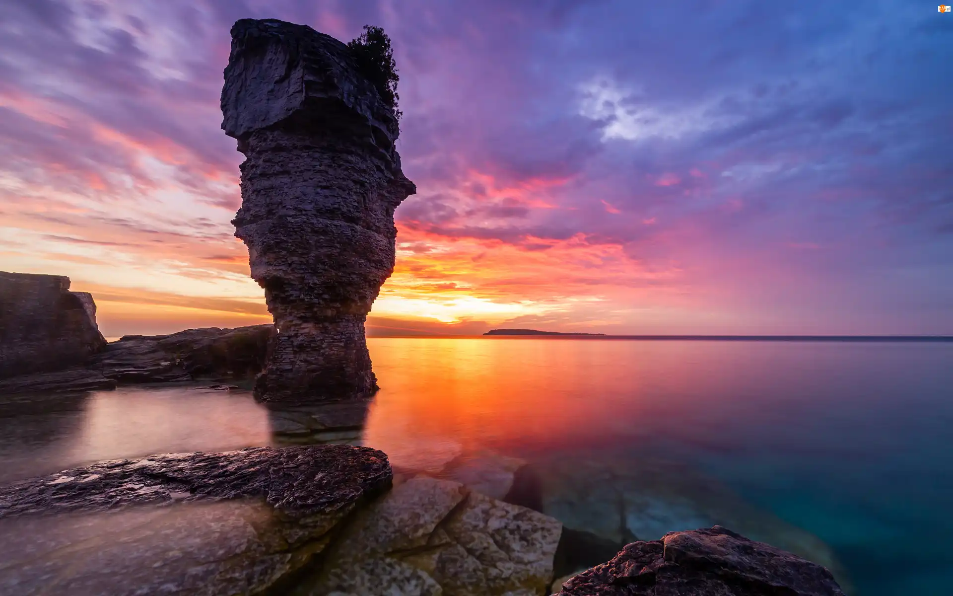 Skały, Zachód słońca, Wybrzeże, Morze, Kamienie