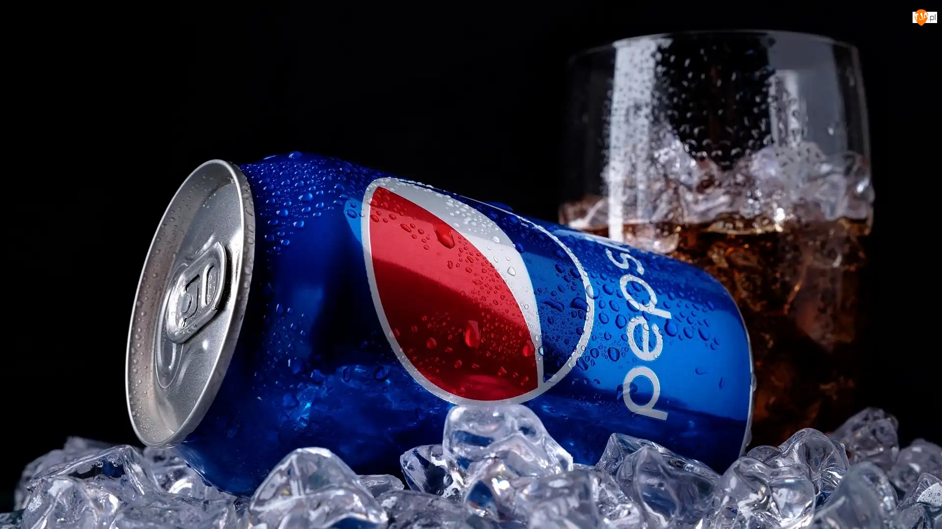 Pepsi, Szklanka, Tło, Puszka, Ciemne, Kostki, Lód