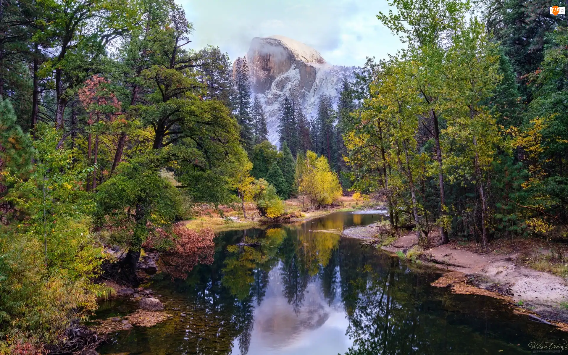 Drzewa, Kalifornia, Merced River, Half Dome, Rzeka, Park Narodowy Yosemite, Góry, Stany Zjednoczone, Szczyt