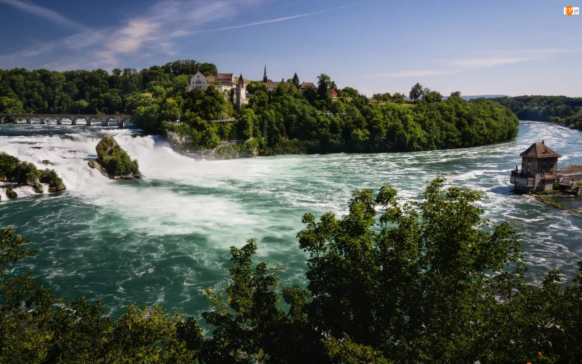 Rzeka Ren, Wodospad Rheinfall, Neuhausen am Rheinfall, Szwajcaria, Zamek Laufen, Kanton Szafuza