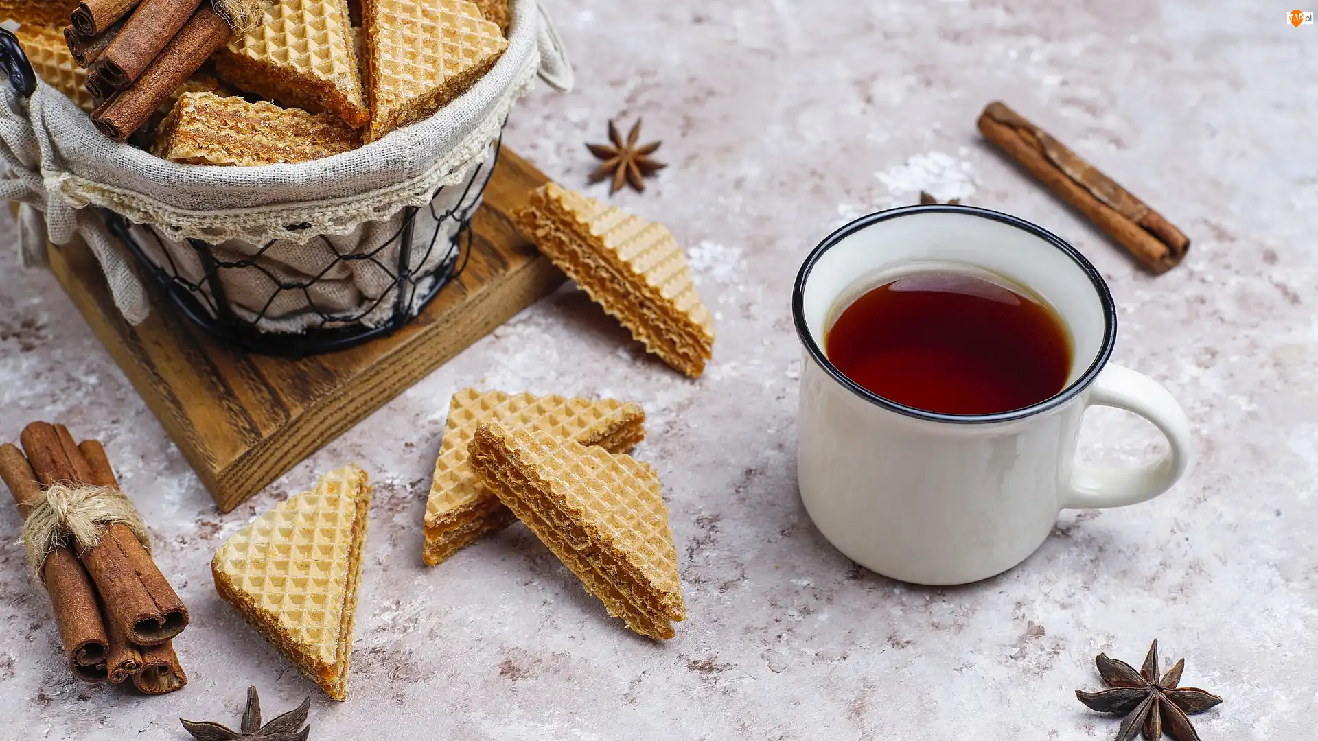 Kubek, Wafle, Deska, Herbata, Anyż, Cynamon, Koszyk