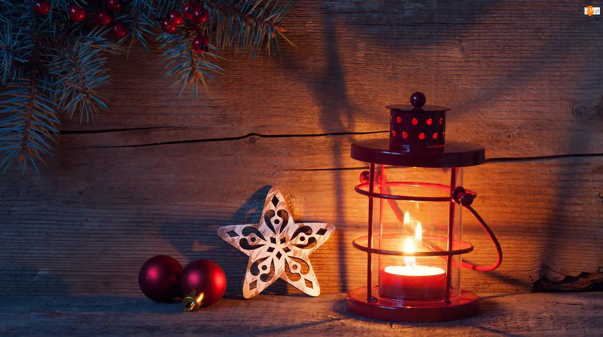 Deski, Gwiazdka, Bombki, Drewniana, Świąteczna, Kompozycja, Lampion, Boże Narodzenie, Świeca, Gałązki