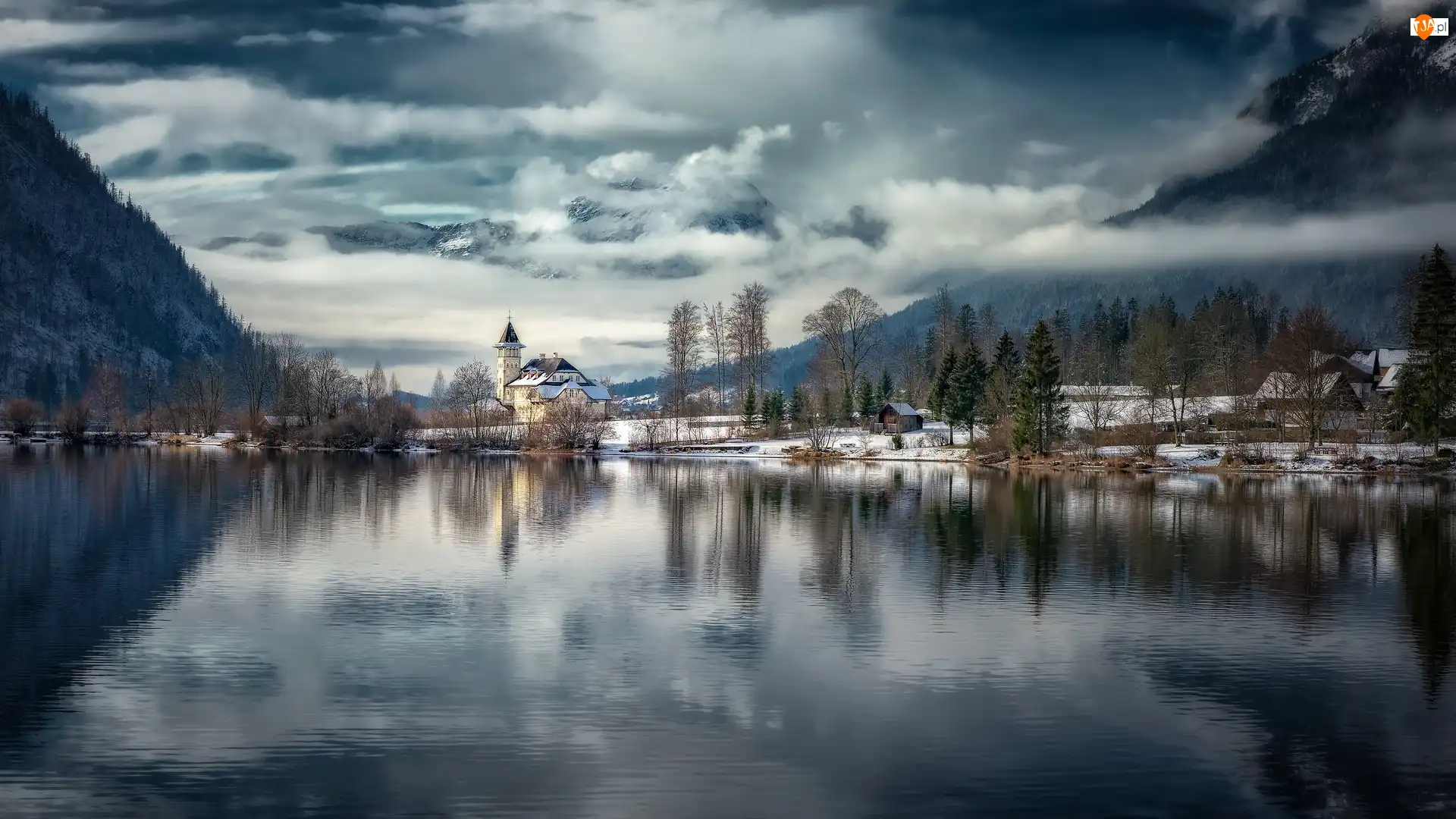 Góry, Zima, Austria, Jezioro Grundlsee, Styria, Zamek Grundlsee, Drzewa