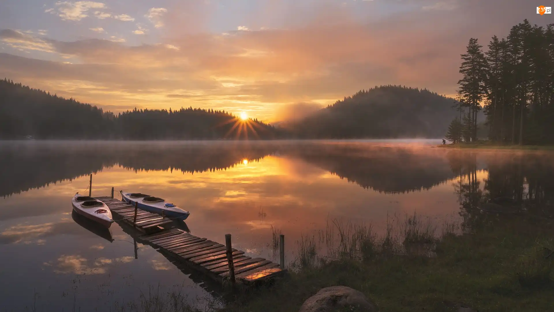 Pomost, Kajaki, Wschód słońca, Jezioro, Mgła, Drzewa, Las