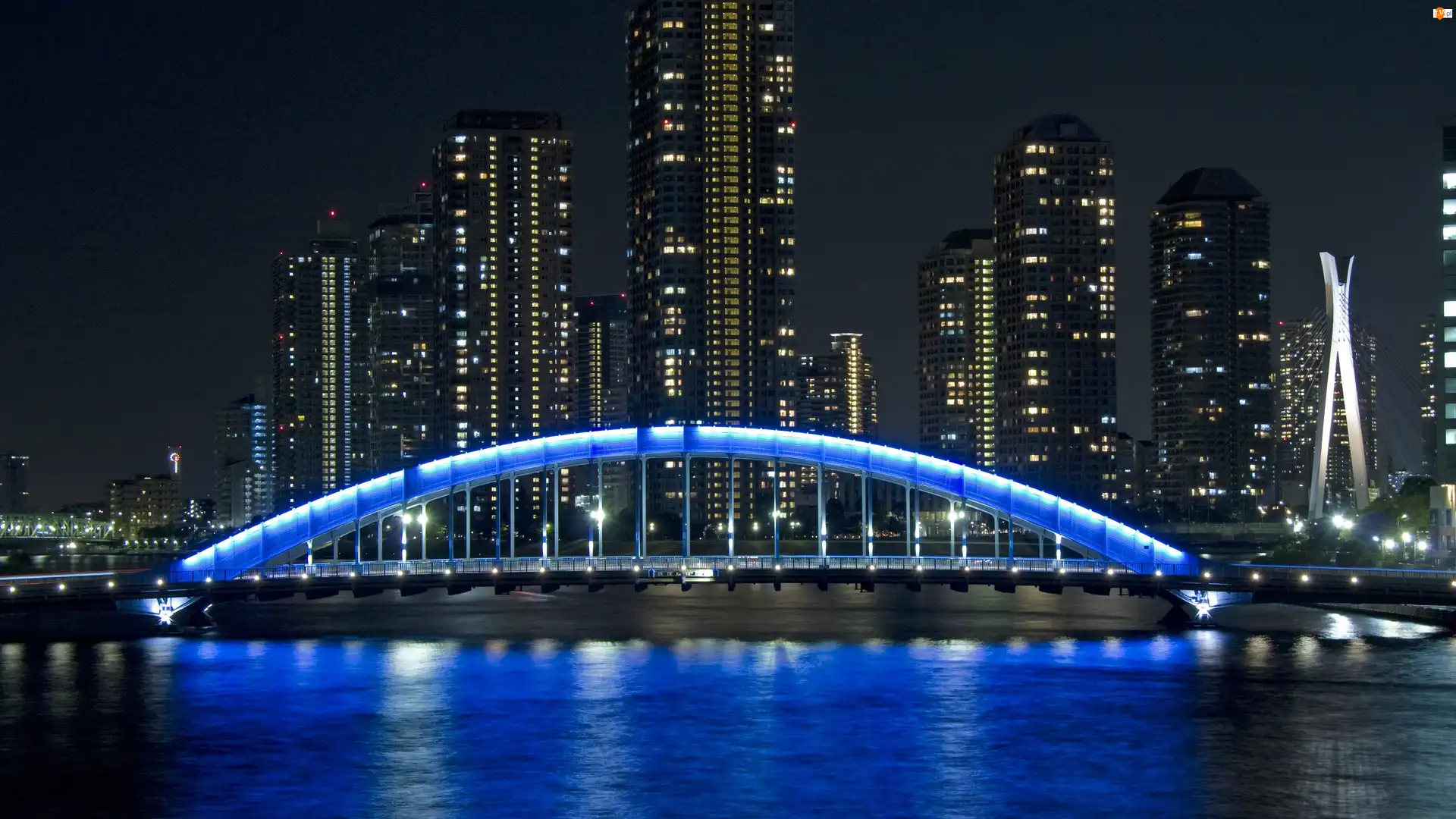 Podświetlany, Tokyo, Rzeka, Wieżowce, Most