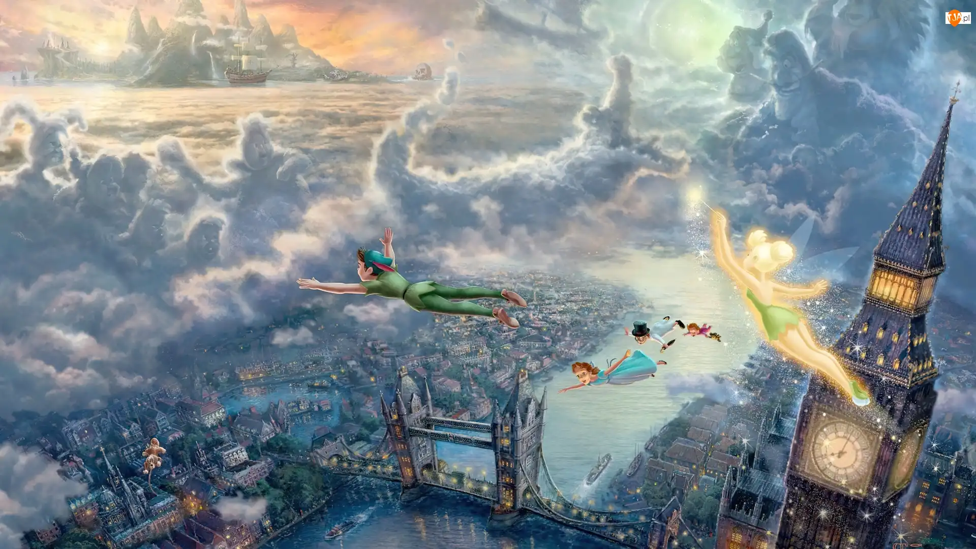 Disney, Thomas Kinkade, Peter Pan, Nibylandia, Piotruś Pan, Londyn