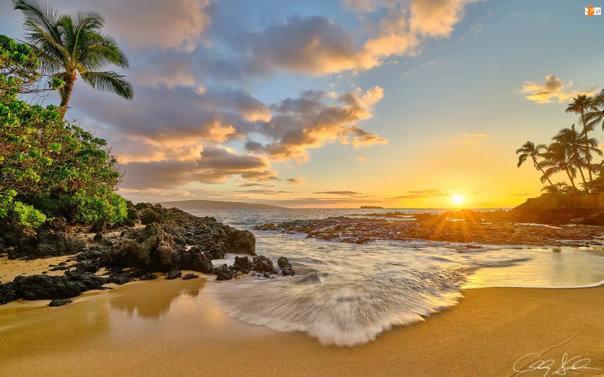 Skały, Hawaje, Zachód słońca, Plaża, Palmy, Maui, Lahaina, Stany Zjednoczone, Morze