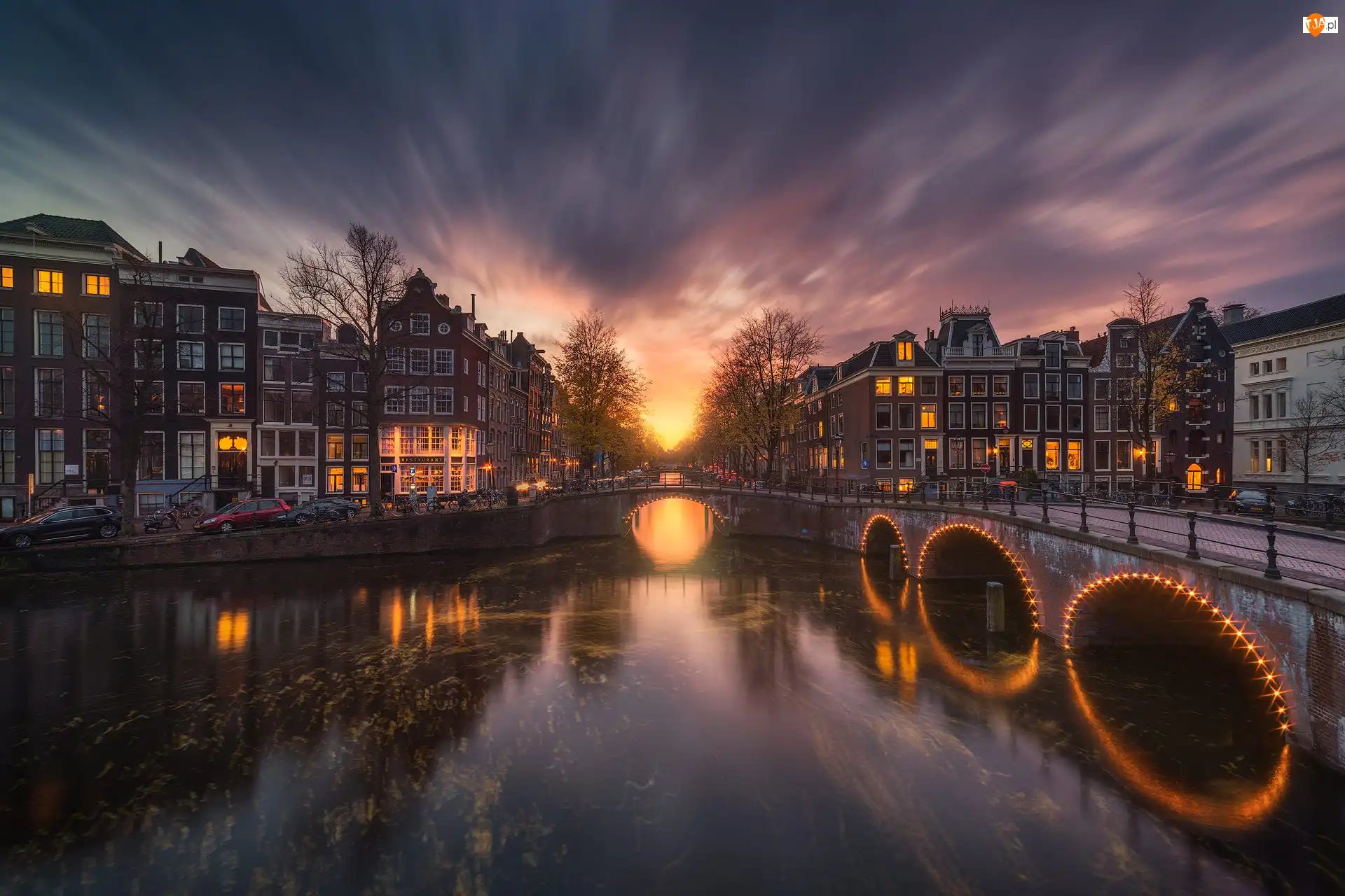 Most, Holandia, Kanał Keizersgracht, Drzewa, Amsterdam, Rzeka, Domy, Kanał Leidsegracht