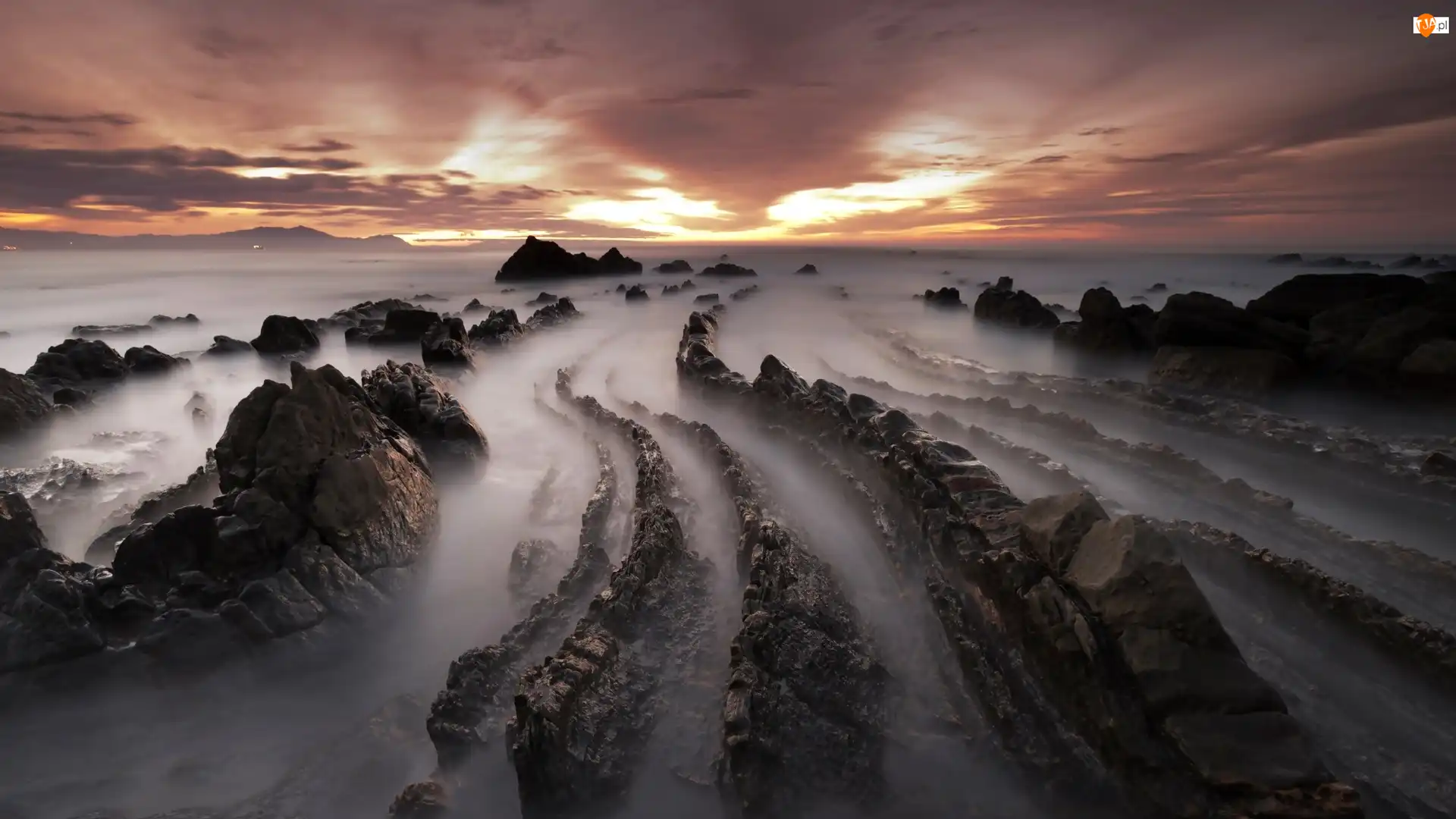 Barrika, Hiszpania, Skały, Zmierzch, Morze, Plaża