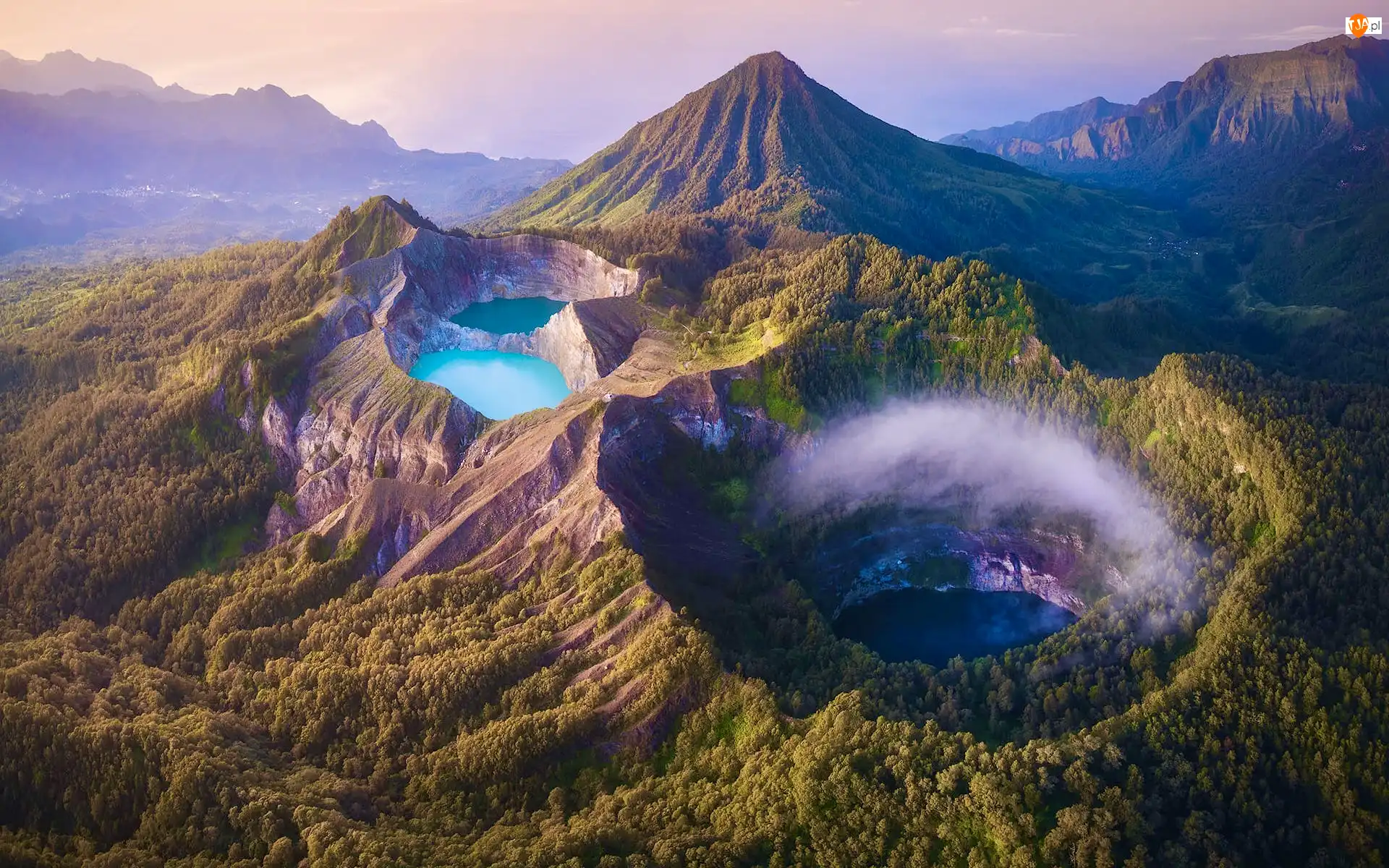 Góry, Wyspa, Mgła, Jeziora, Krater, Flores Island, Wulkan, Indonezja, Kelimutu