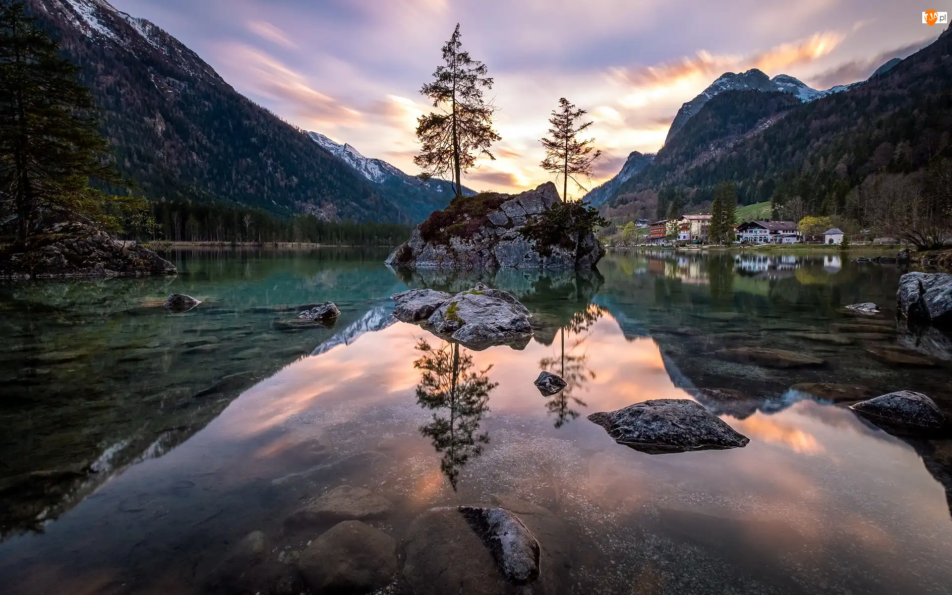 Gmina Berchtesgadener, Góry, Drzewa, Bawaria, Jezioro Hintersee, Odbicie, Niemcy, Skały