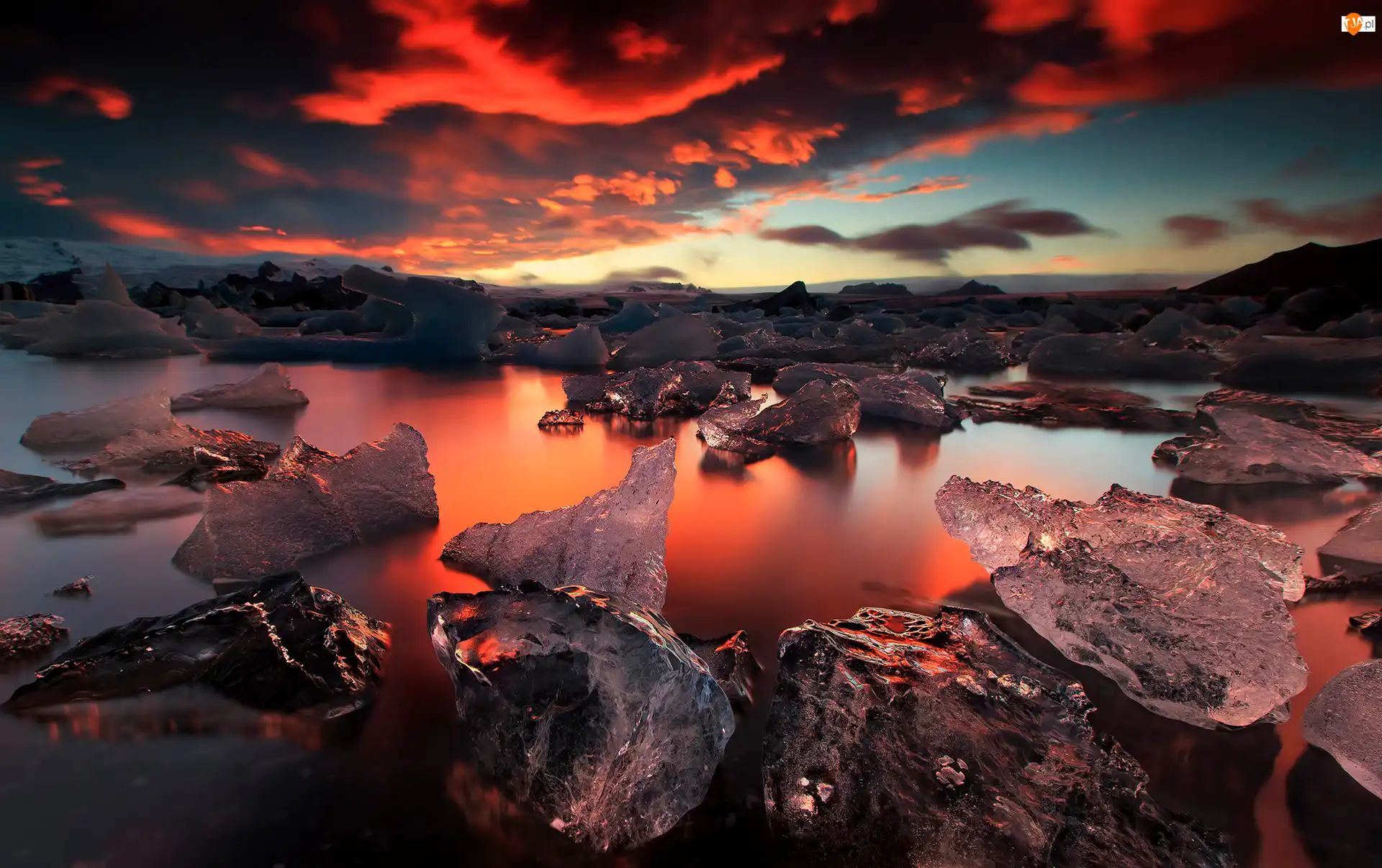 Zachód słońca, Lód, Jezioro Jokulsarlon, Islandia, Zima