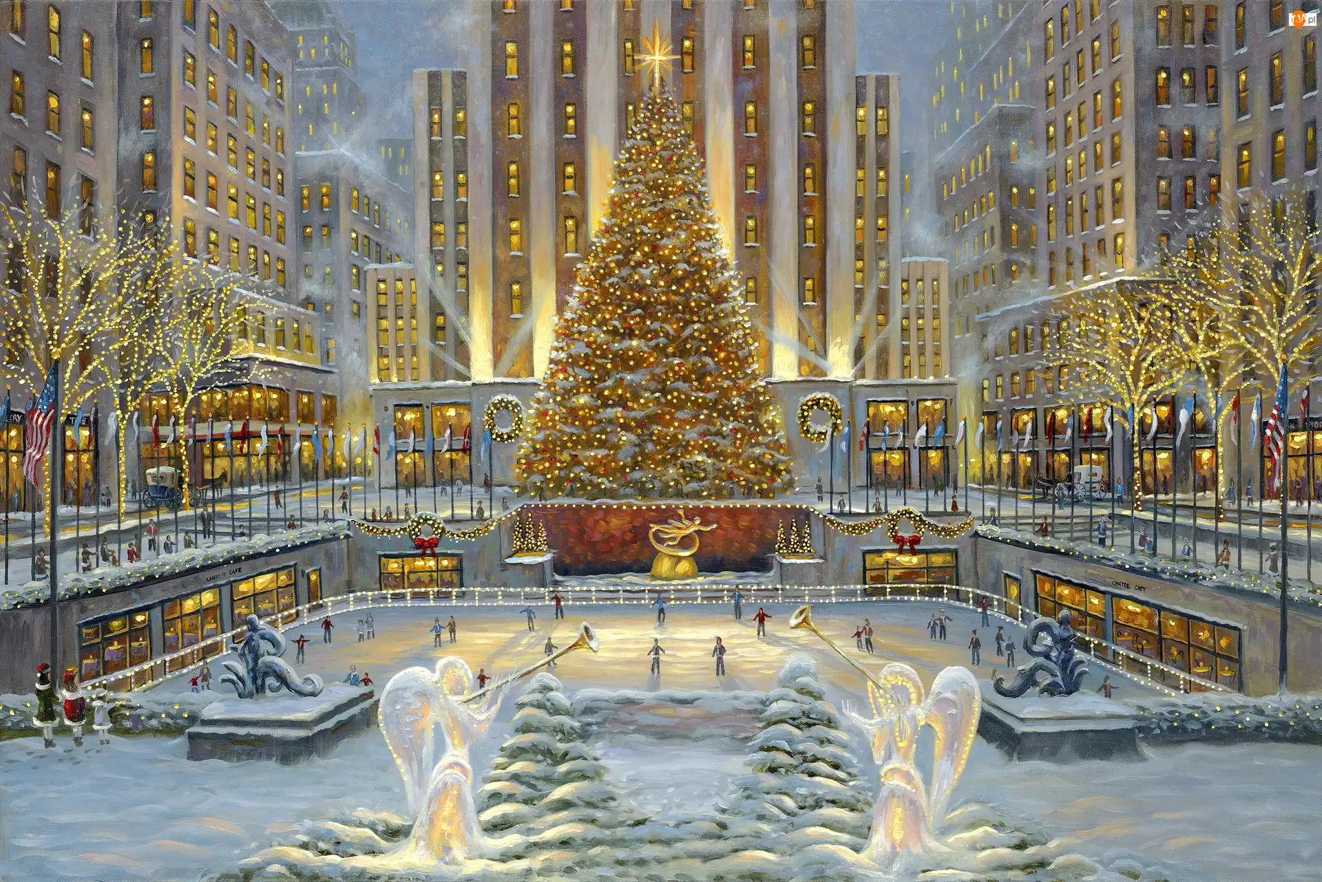 Choinka, Lodowisko, Stany Zjednoczone, Boże Narodzenie, Nowy Jork, Rockefeller Center, Budynki