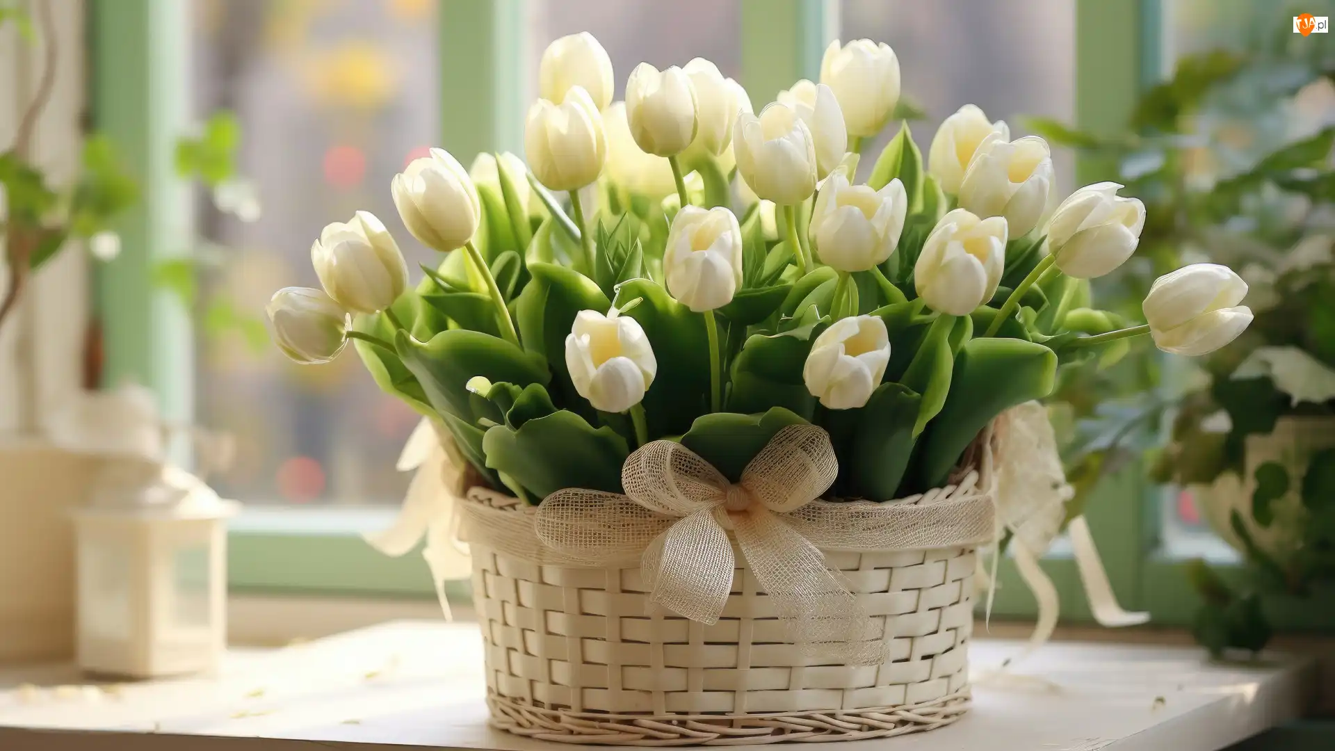 Białe, Kwiaty, Koszyk, Grafika, Tulipany, Okno