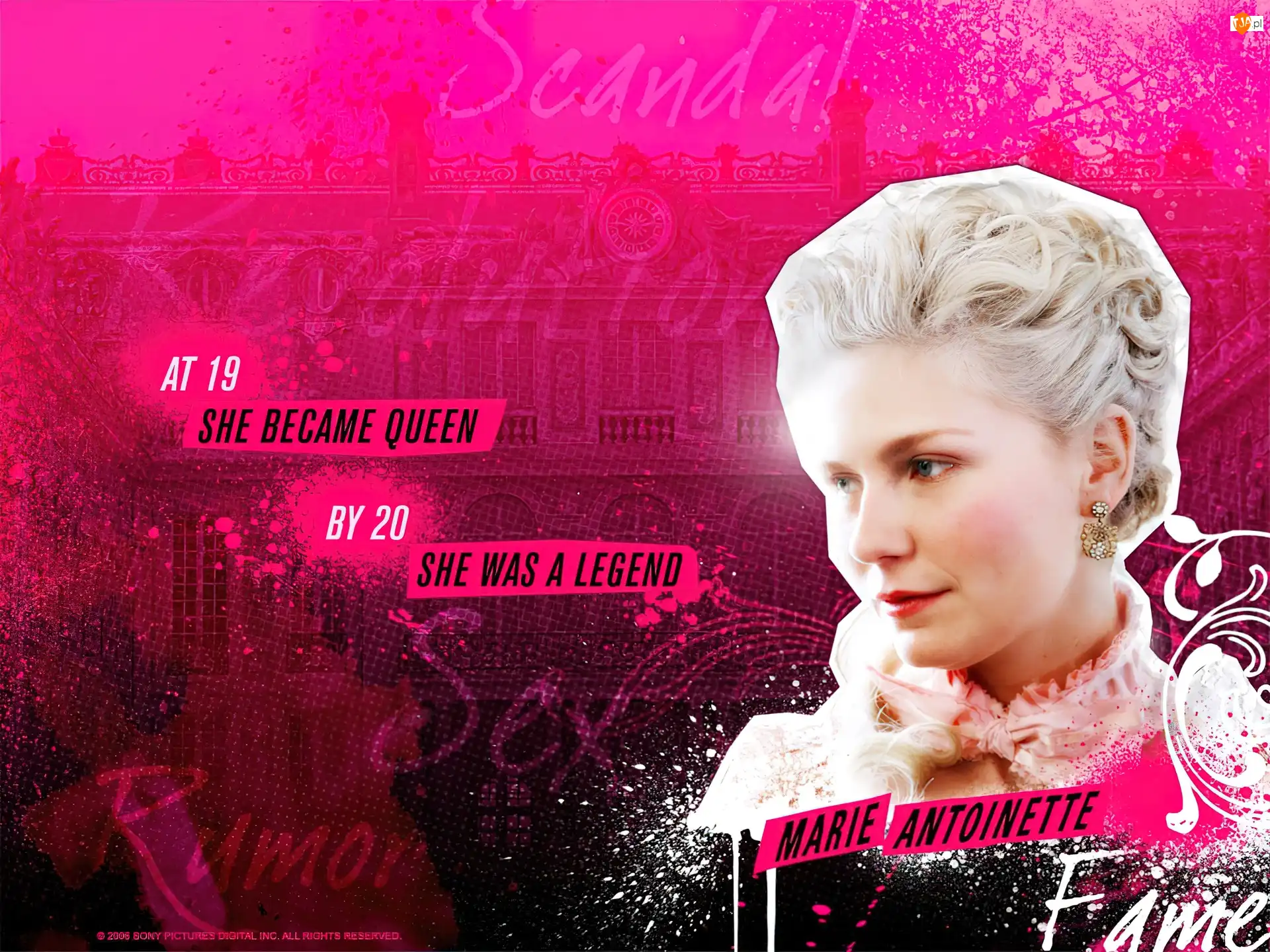 fryzura, tło, Kirsten Dunst, Marie Antoinette, różowe