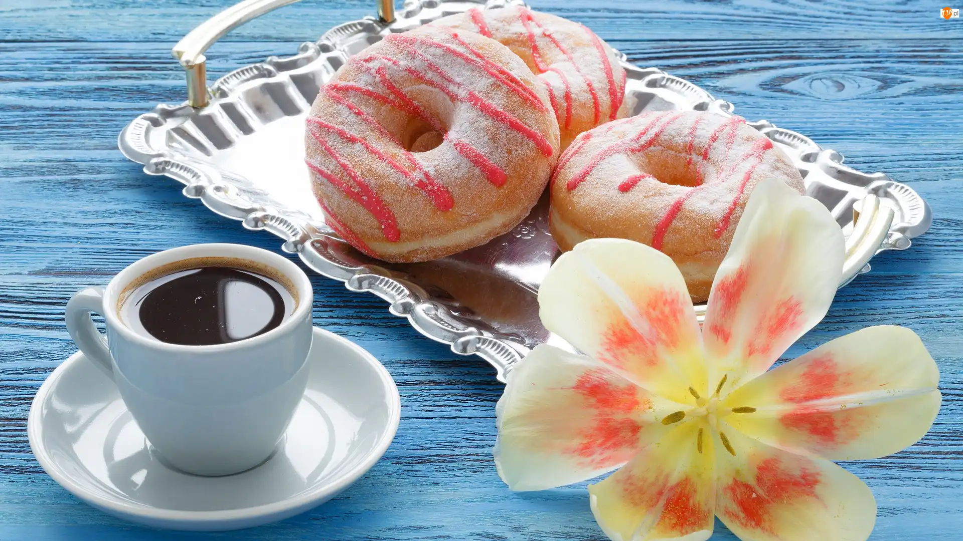 Rozwinięty, Kawa, Pączki, Tulipan, Filiżanka, Donuty, Deski, Taca