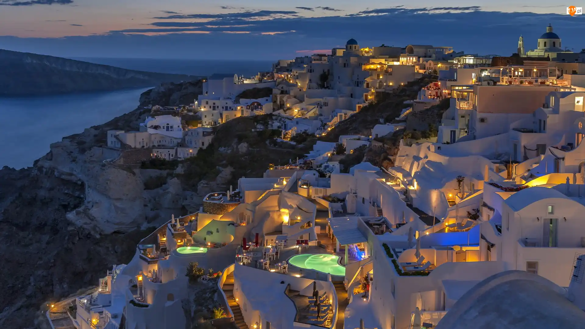 Światła, Domy, Oia, Grecja, Wieczór, Santorini