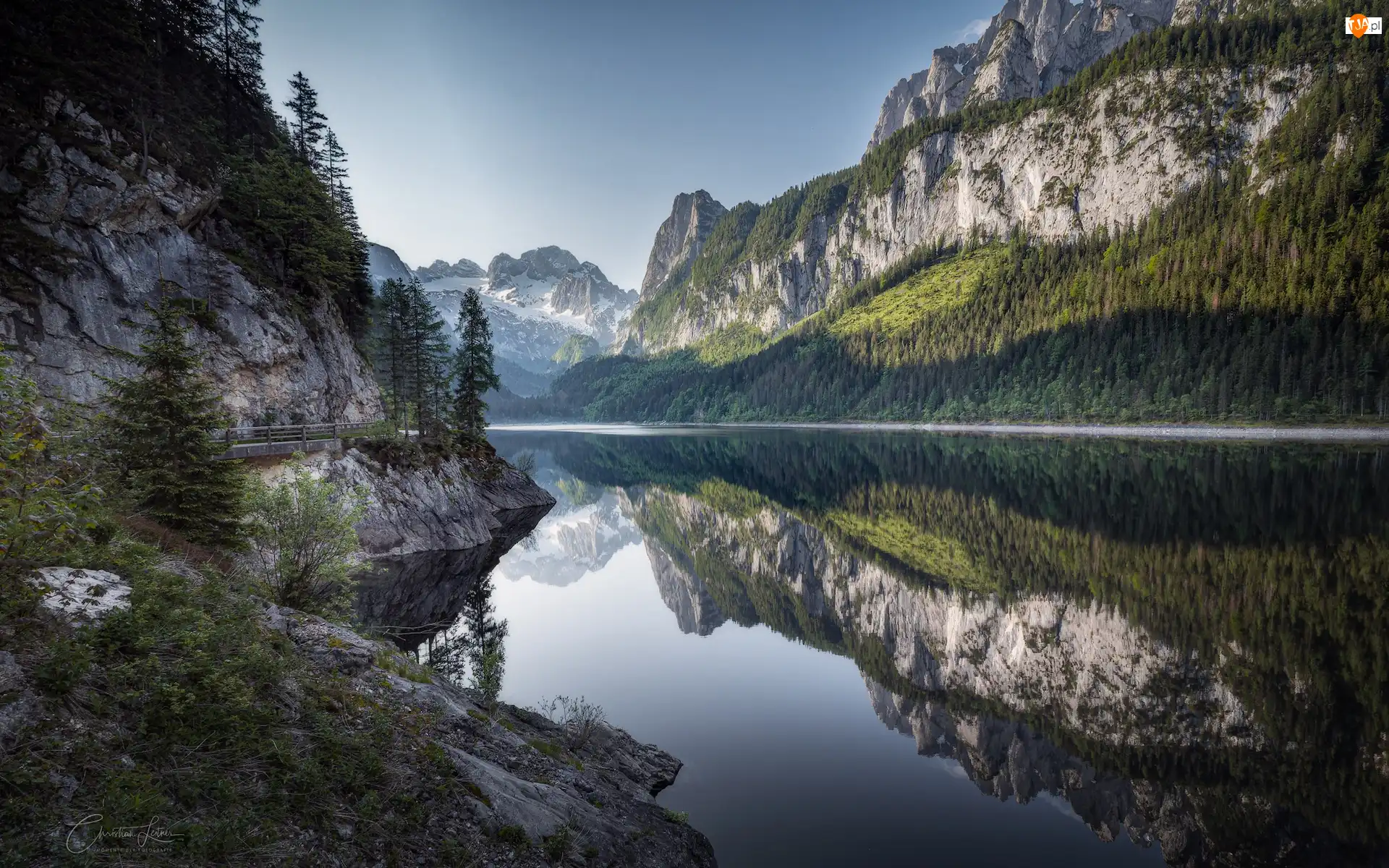 Odbicie, Góry, Drzewa, Gosausee, Skały, Dachstein, Salzkammergut, Austria, Jezioro