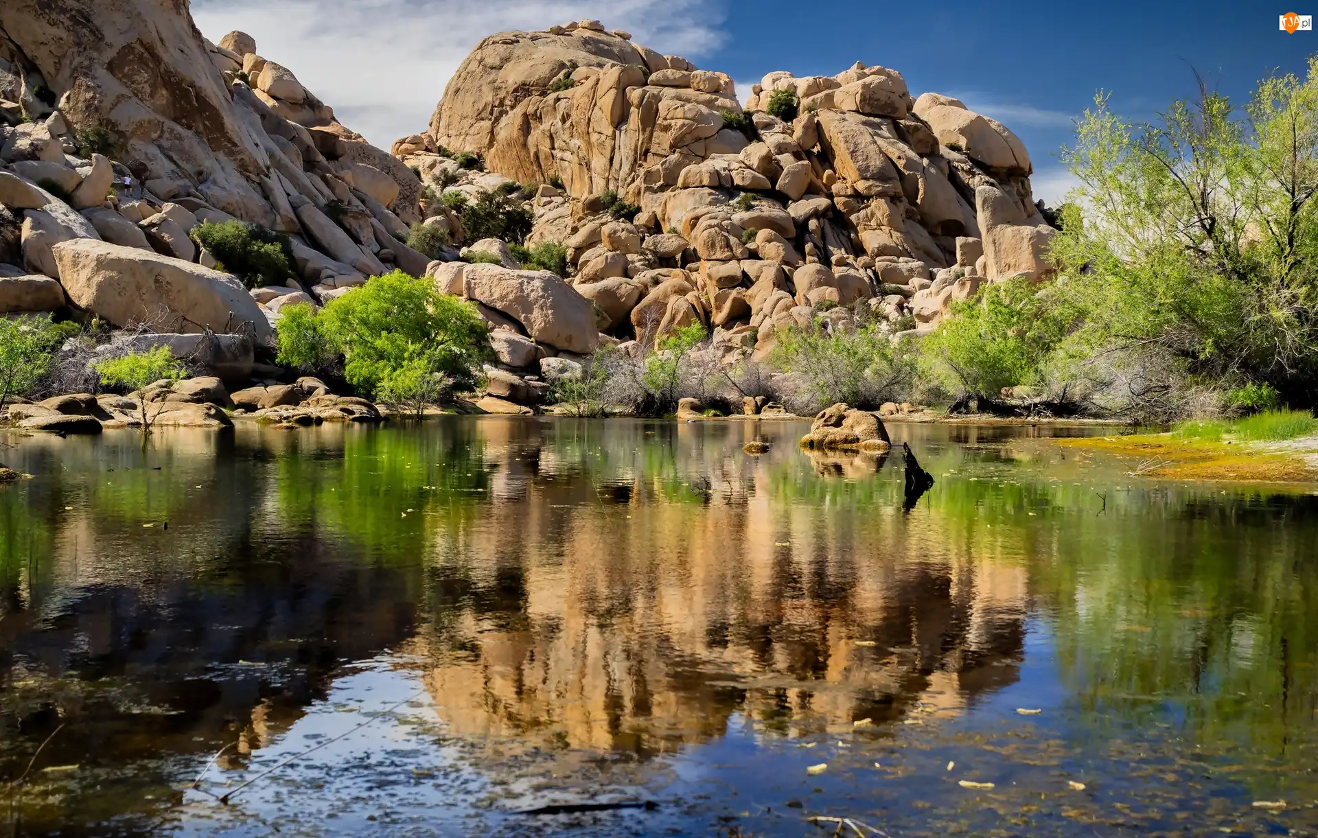 Kalifornia, Park Narodowy Joshua Tree, Odbicie, Stany Zjednoczone, Skały, Zbiornik wodny Barker Dam, Jezioro
