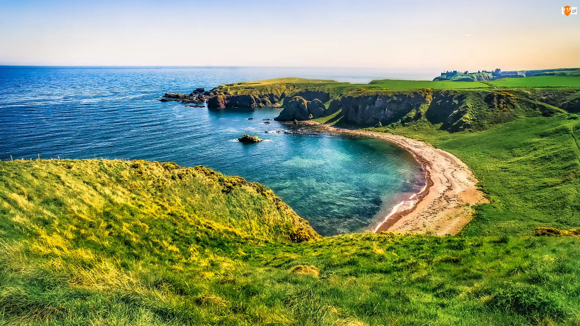 Łąki, Morze, Zatoka, Stonehaven, Skały, Plaża, Szkocja, Wybrzeże