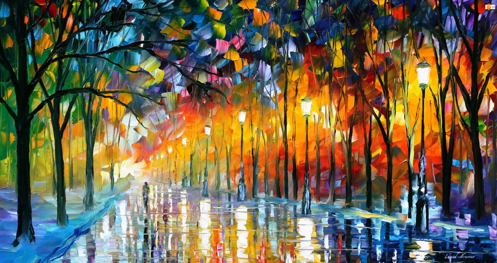 Leonid Afremov, Malarstwo, Aleja, Latarnie, Park, Droga