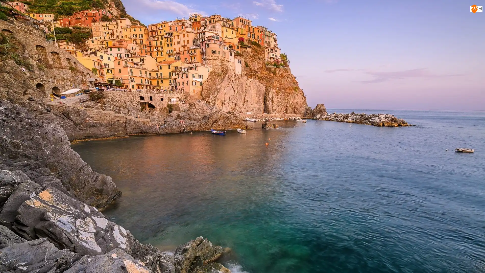 Domy, Włochy, Morze Liguryjskie, Skały, Gmina Riomaggiore, Cinque Terre, Zatoka, Manarola