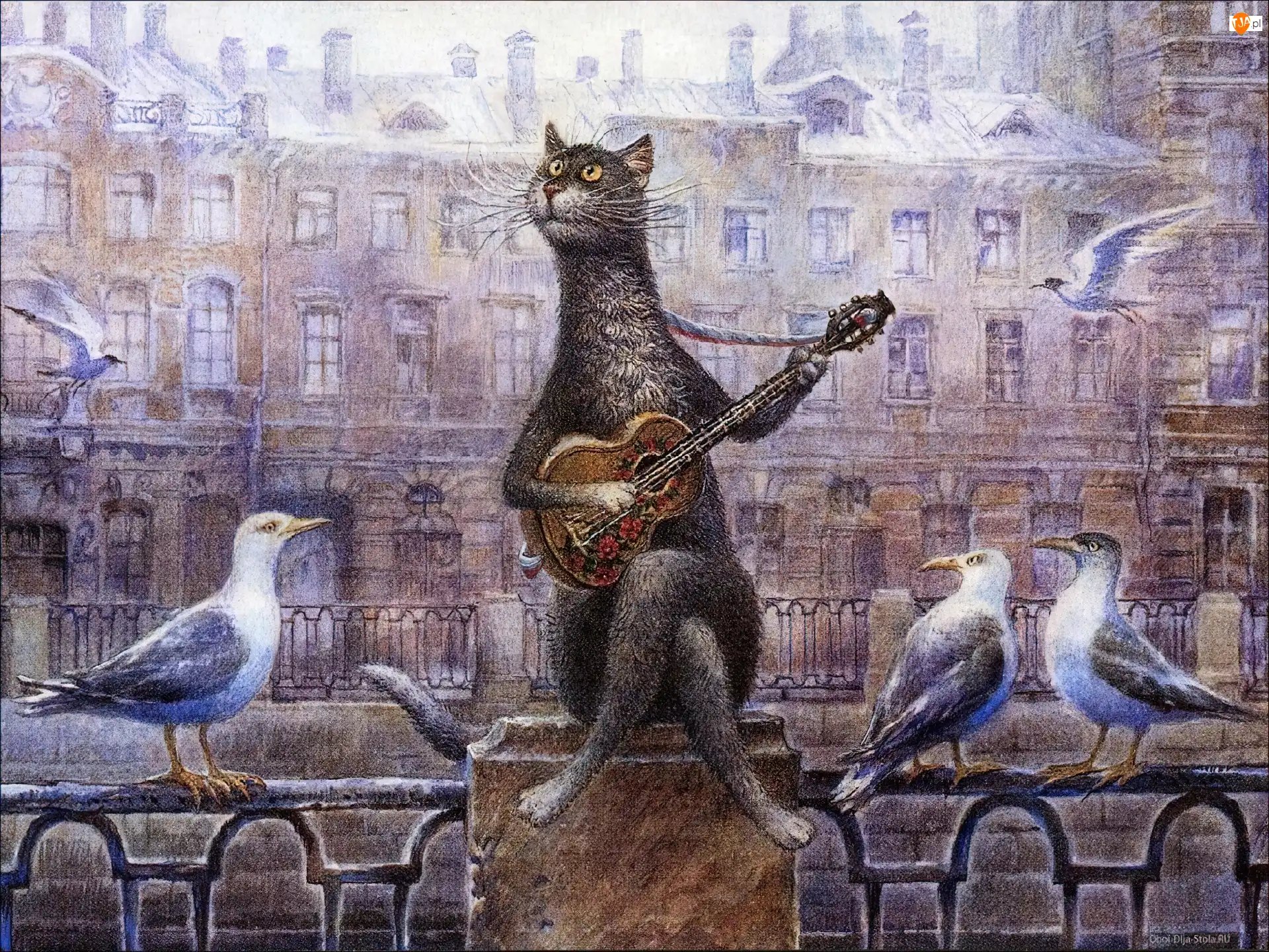Kot, Gołębie, Obraz, Włodzimierz Rumiancev, Gitara
