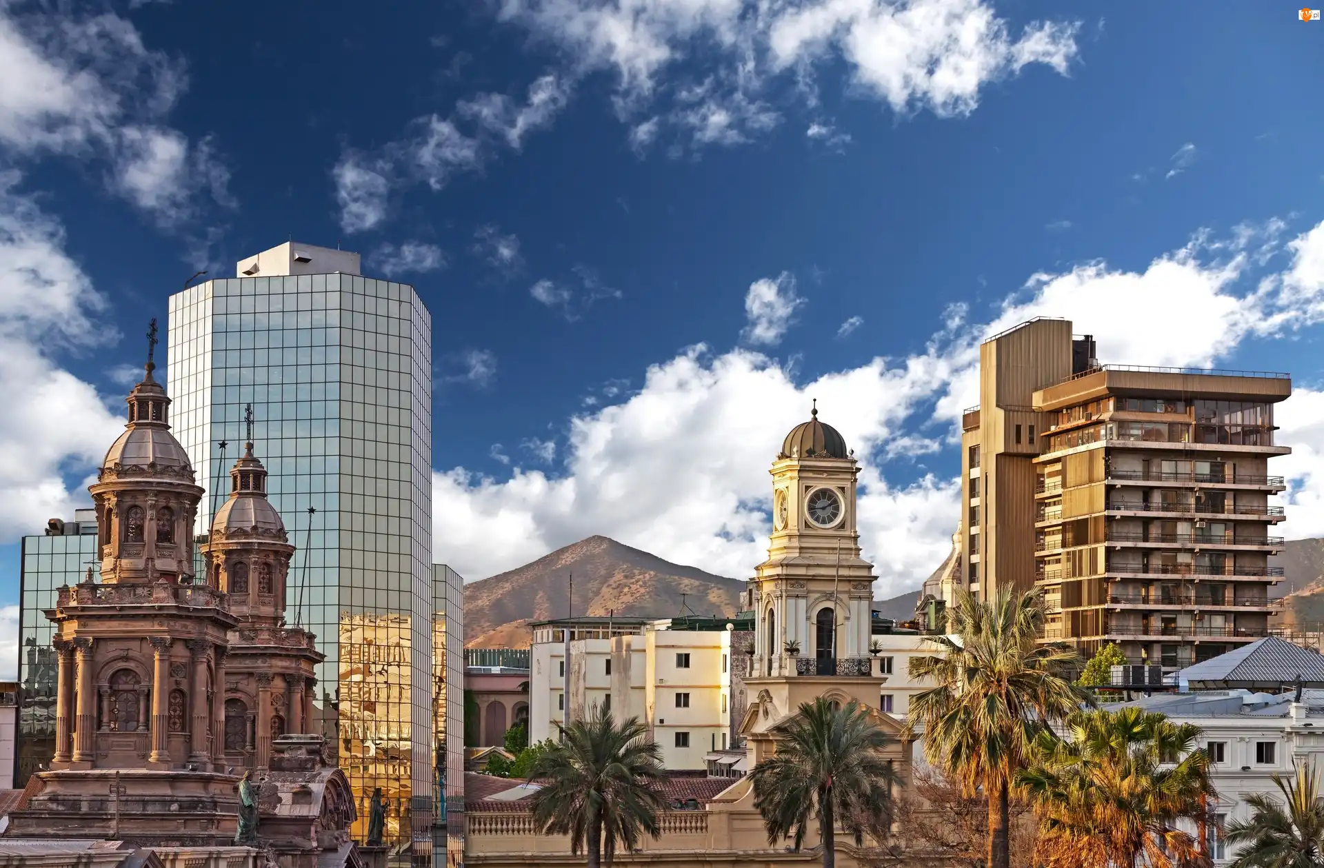 Santiago, Miasto, Budynki, Góry, Chile, Niebo