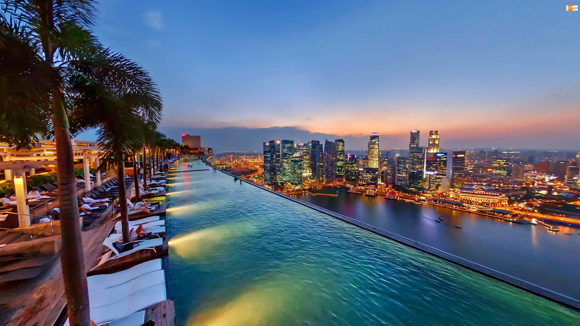 Nocą, Na Dachu, Singapuru, Hotel, Panorama, Marina, Bay, Basen, Stands