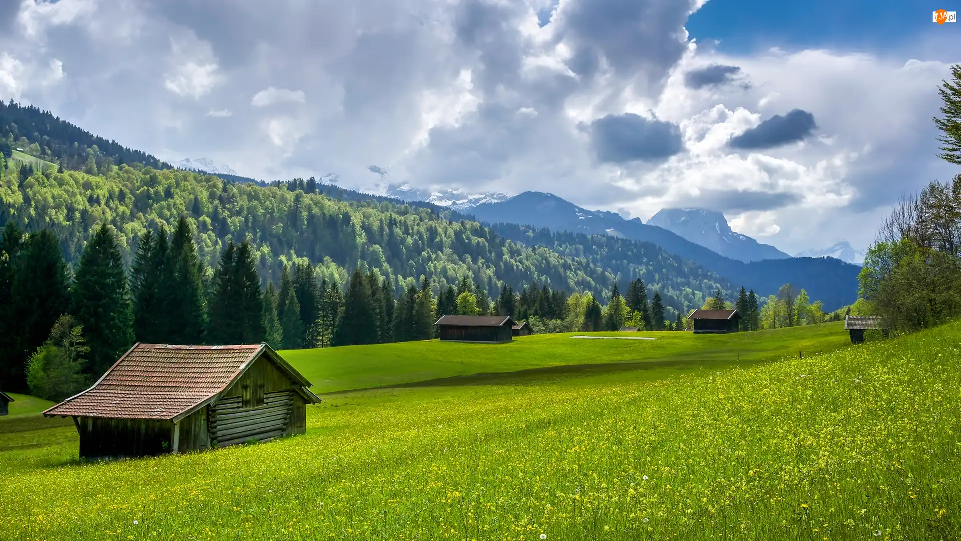 Domy, Chmury, Las, Góry, Łąka