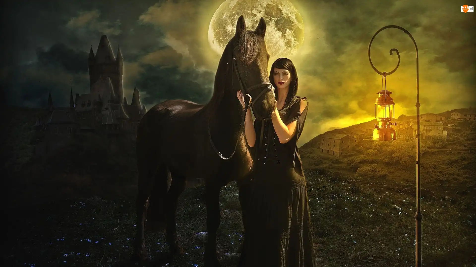 Brunetka, Koń, Lampa, Fantasy, Księżyc, Zamek, Domy