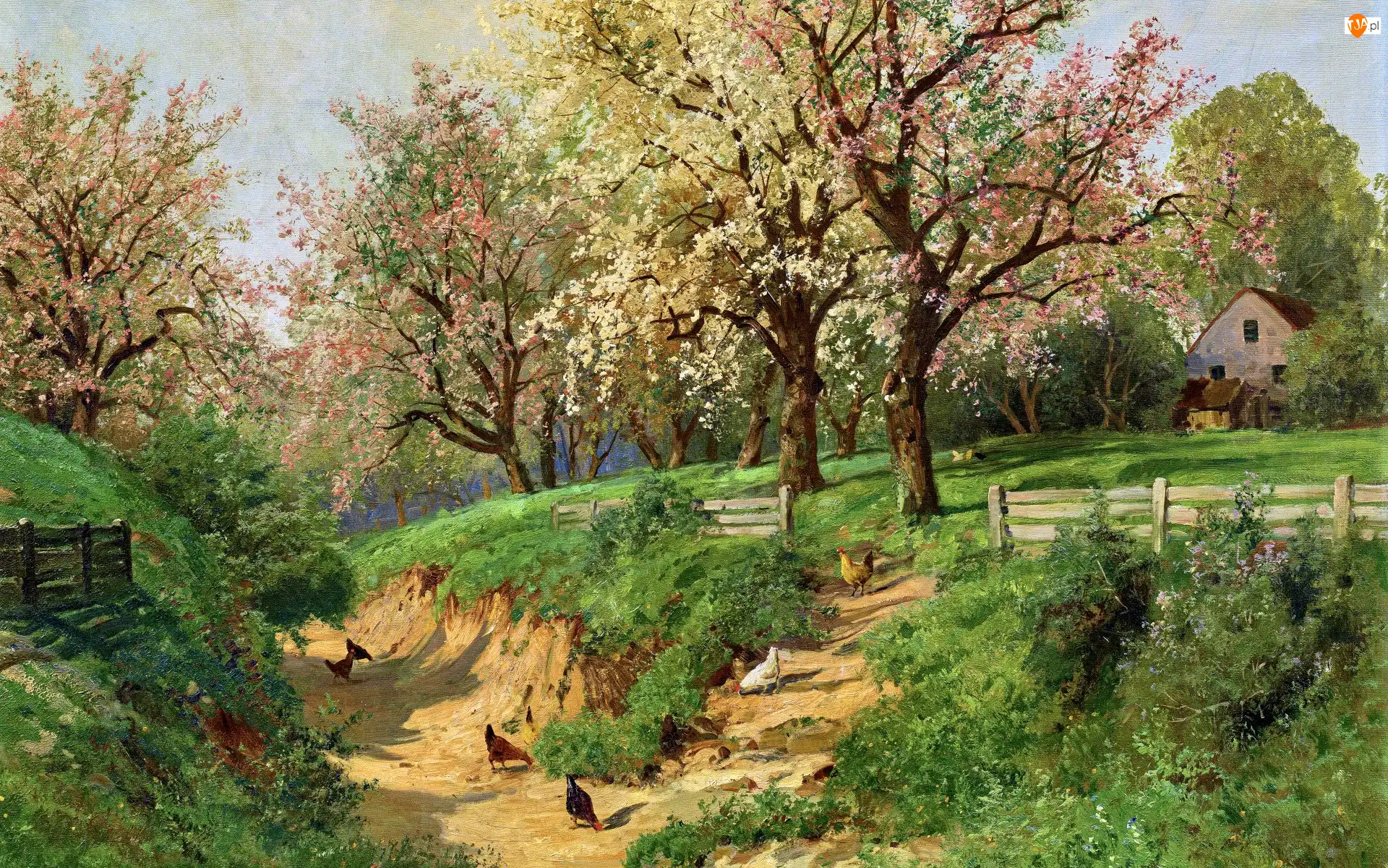Kury, Dom, Drzewa, Łąka, Obraz, Malarstwo, Wiosna, Alois Arnegger, Wieś, Płot