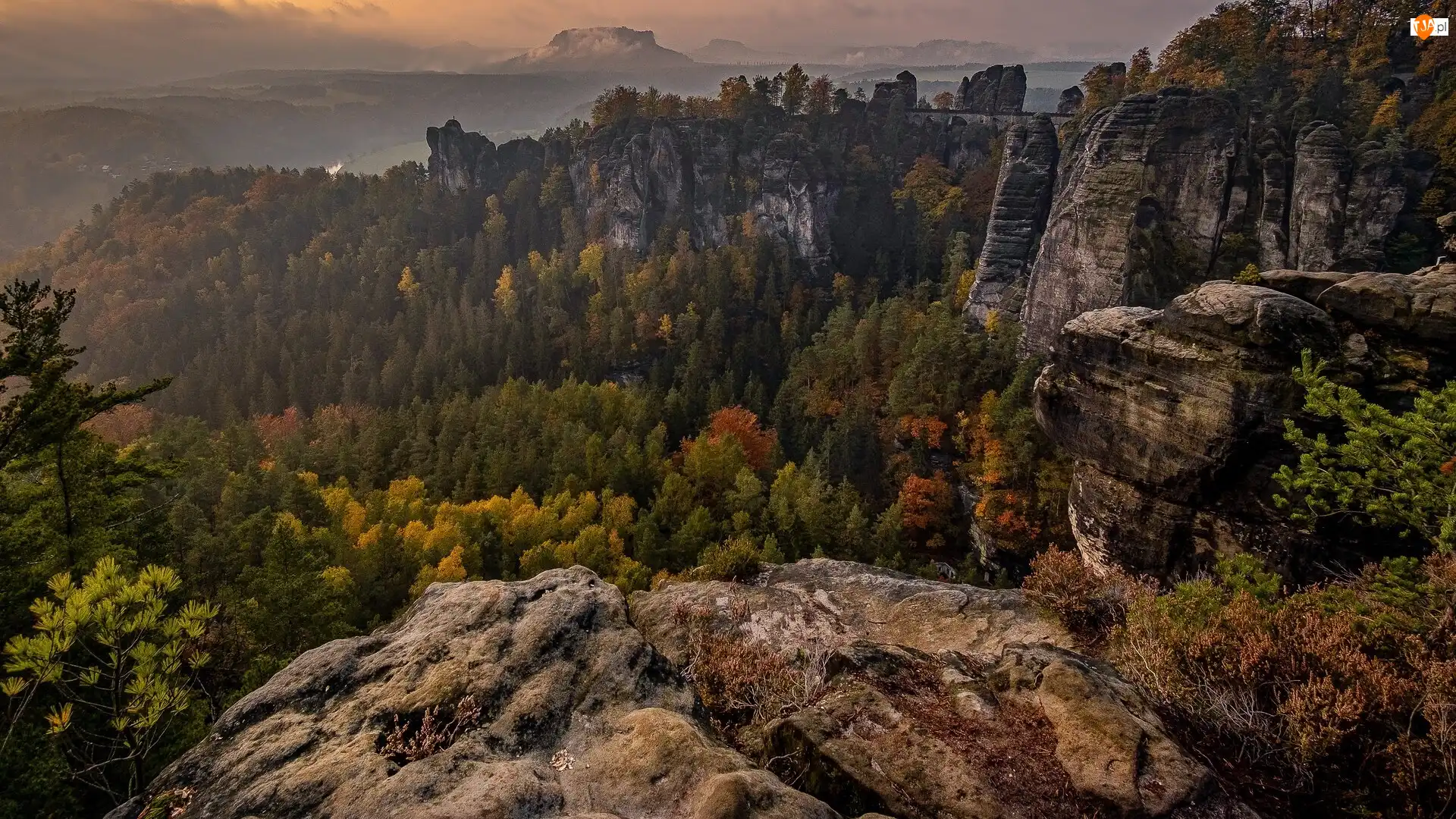 Góry, Skały, Niemcy, Jesień, Park Narodowy Saskiej Szwajcarii, Drzewa, Bastei