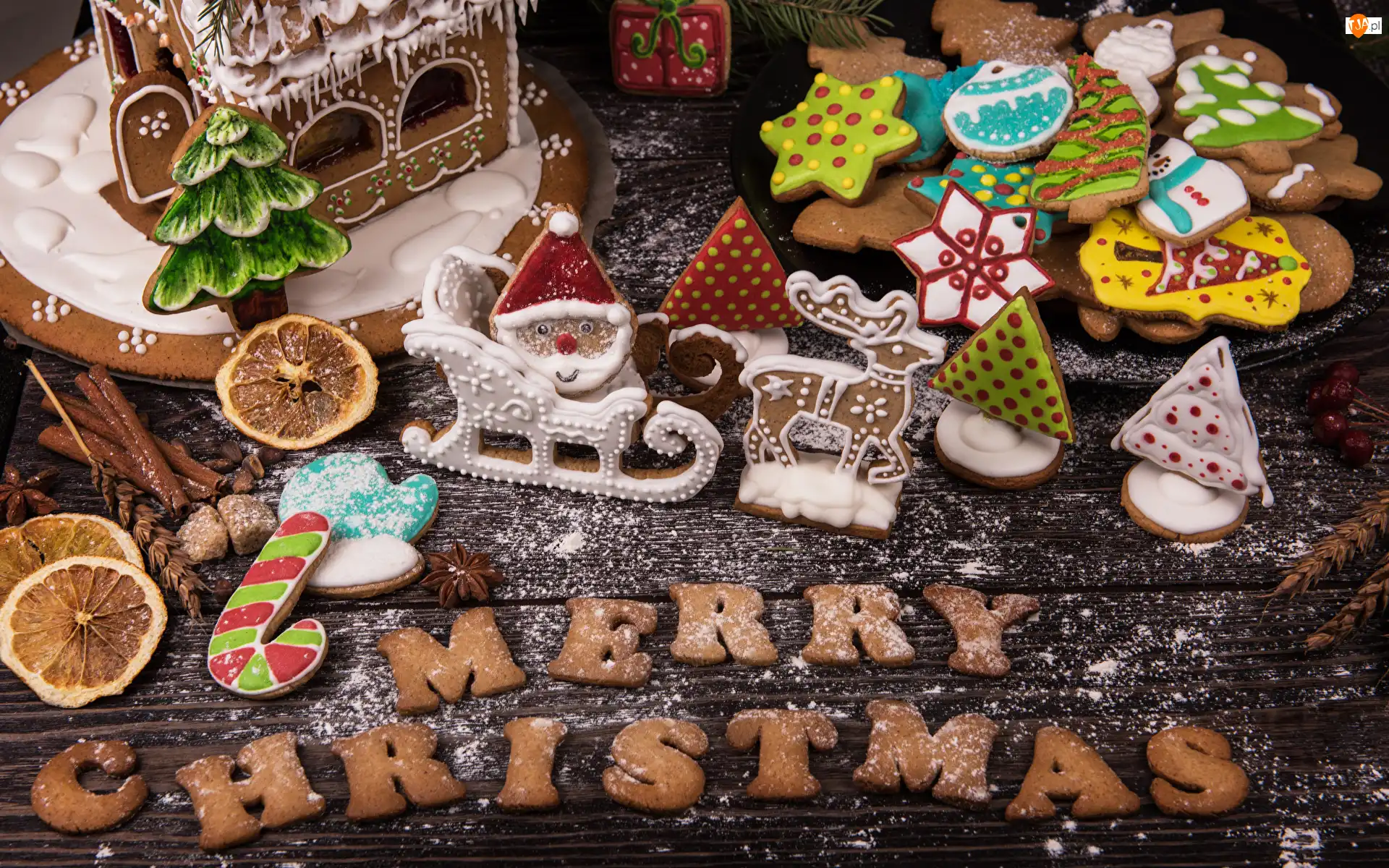 Choinka, Świąteczne, Sanie, Napis, Ciasteczka, Renifer, Merry Christmas, Pierniczki