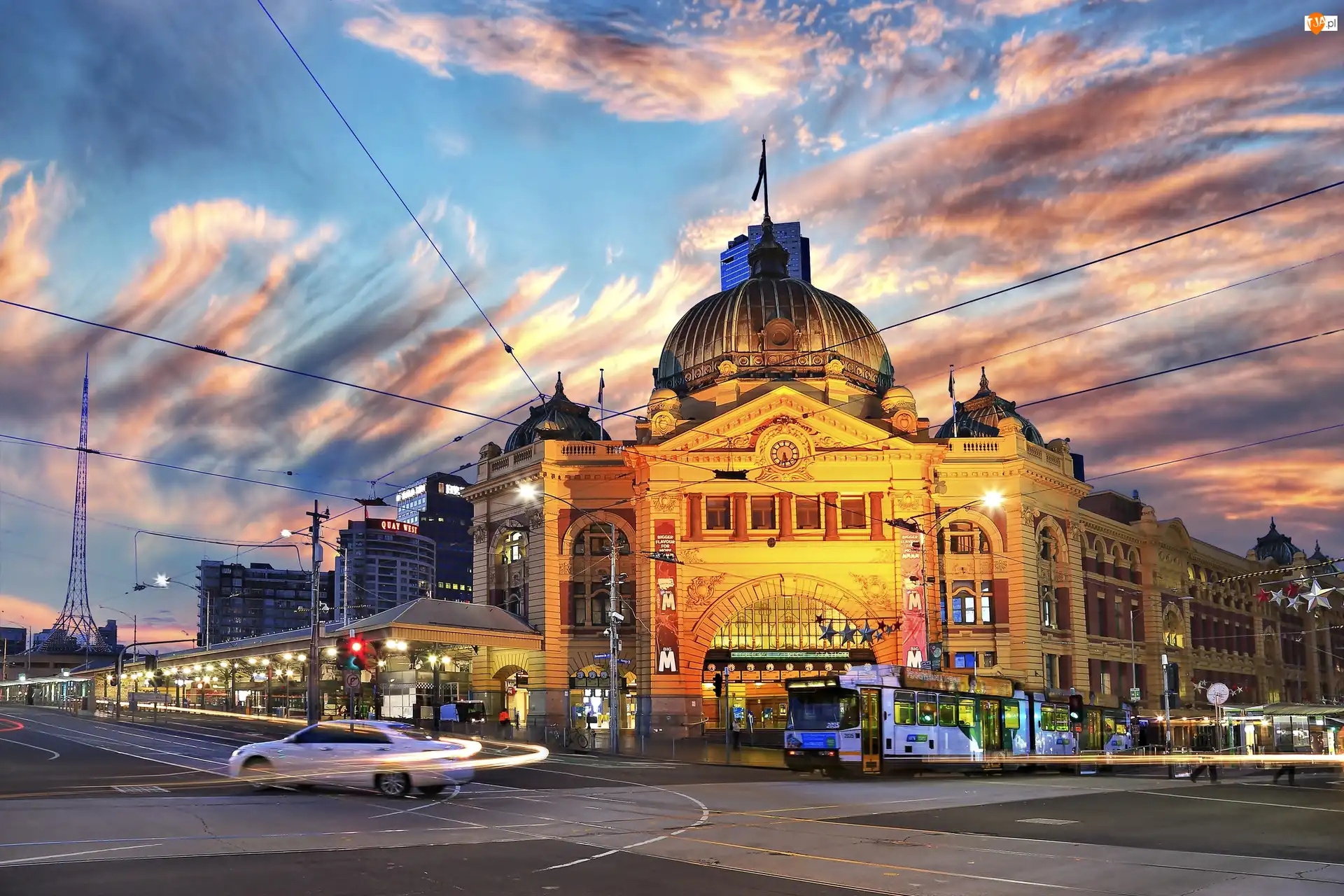 Melbourne, Stacja, Zmierzch, Australia, Tramwaj, Ulica, Flinders Street Station