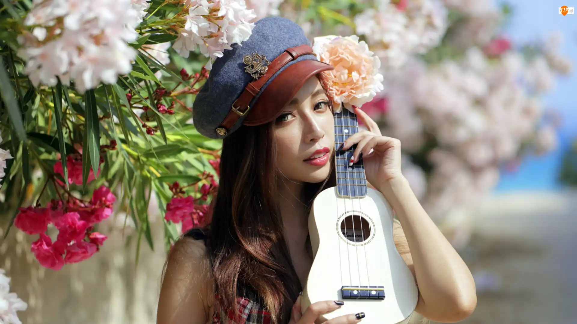 Ukulele, Kobieta, Azjatka, Czapka, Portret, Kwiaty