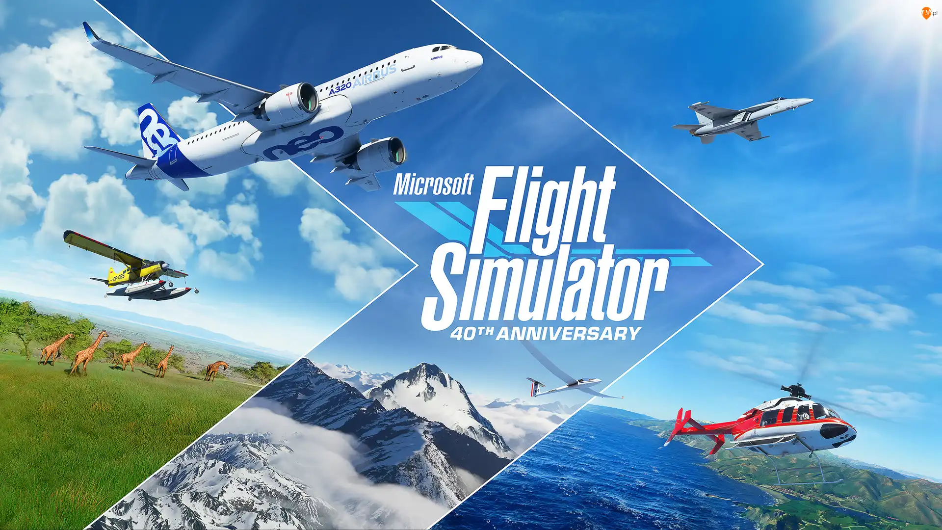 Helikopter, Góry, Chmury, Morze, Microsoft Flight Simulator, Słońce, Żyrafy, Gra, Niebo, Samoloty, Plakat