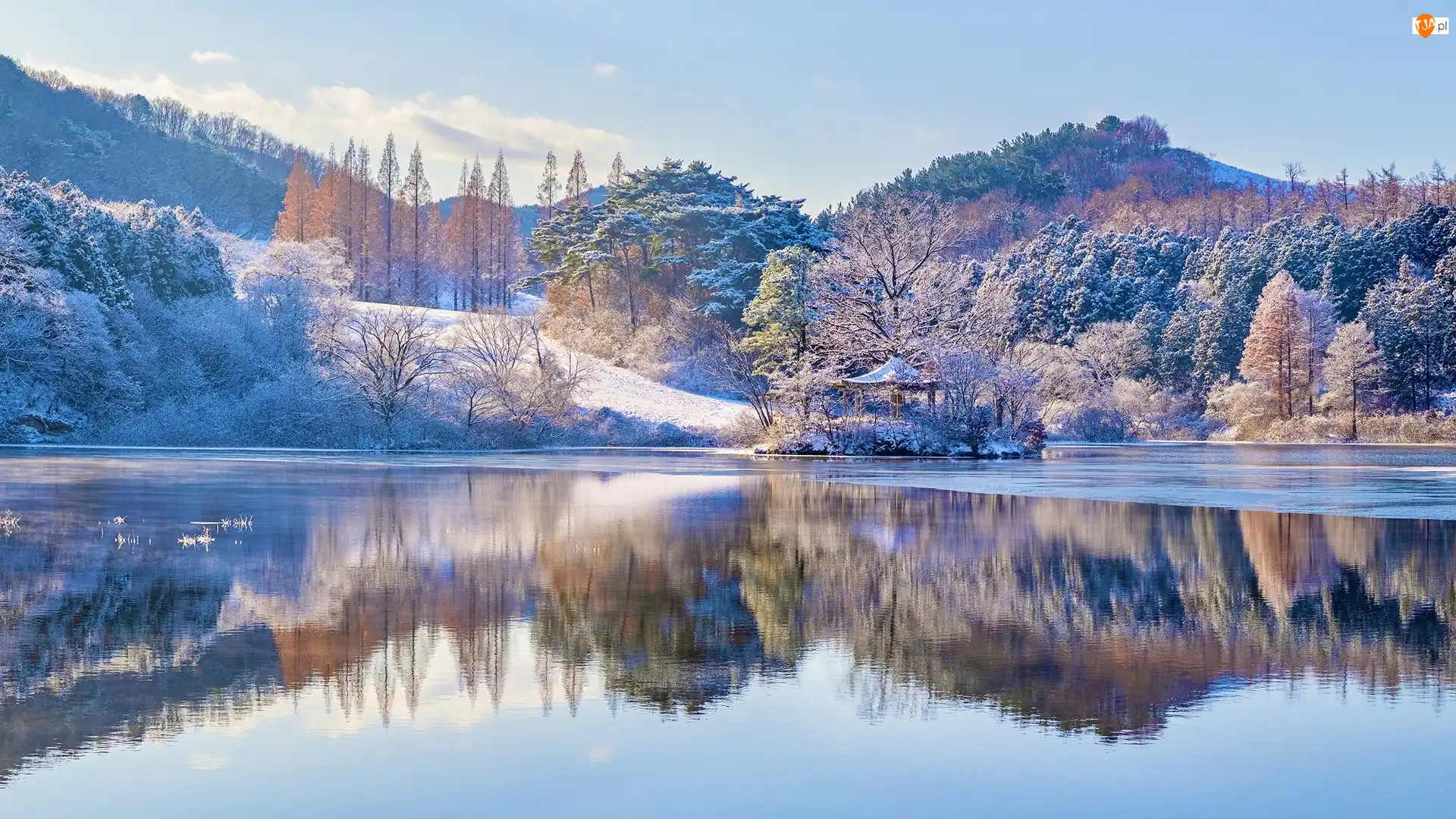 Altana, Korea Południowa, Drzewa, Zima, Yongbiji, Odbicie, Wzgórza, Jezioro
