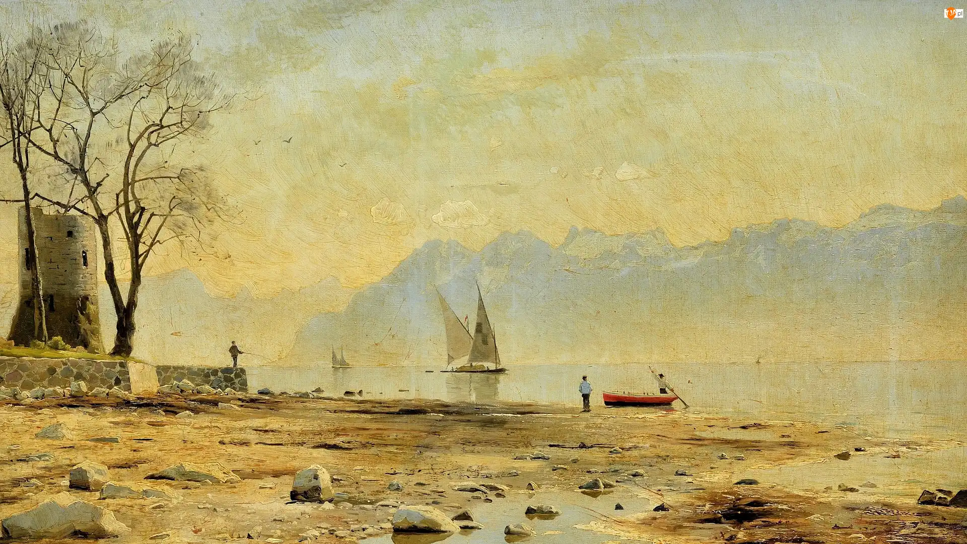 Kamienie, Obraz, Brzeg, Góry, Jezioro, Peder Monsted, Wędkarz, Malarstwo, Żaglówki