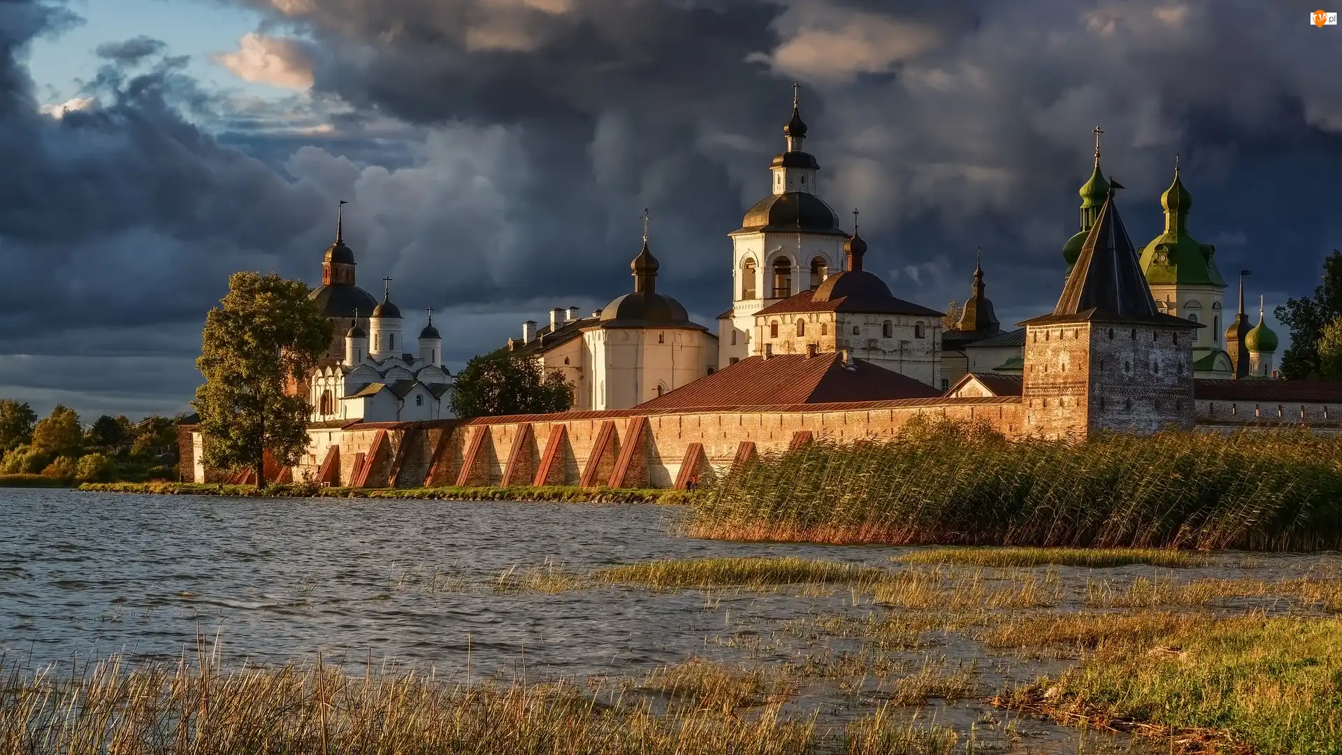 Kiriłłow, Cerkiew, Drzewa, Obwód wołogodzki, Monaster Świętego Cyryla Biełozierskiego, Trawa, Rosja, Jezioro Białe