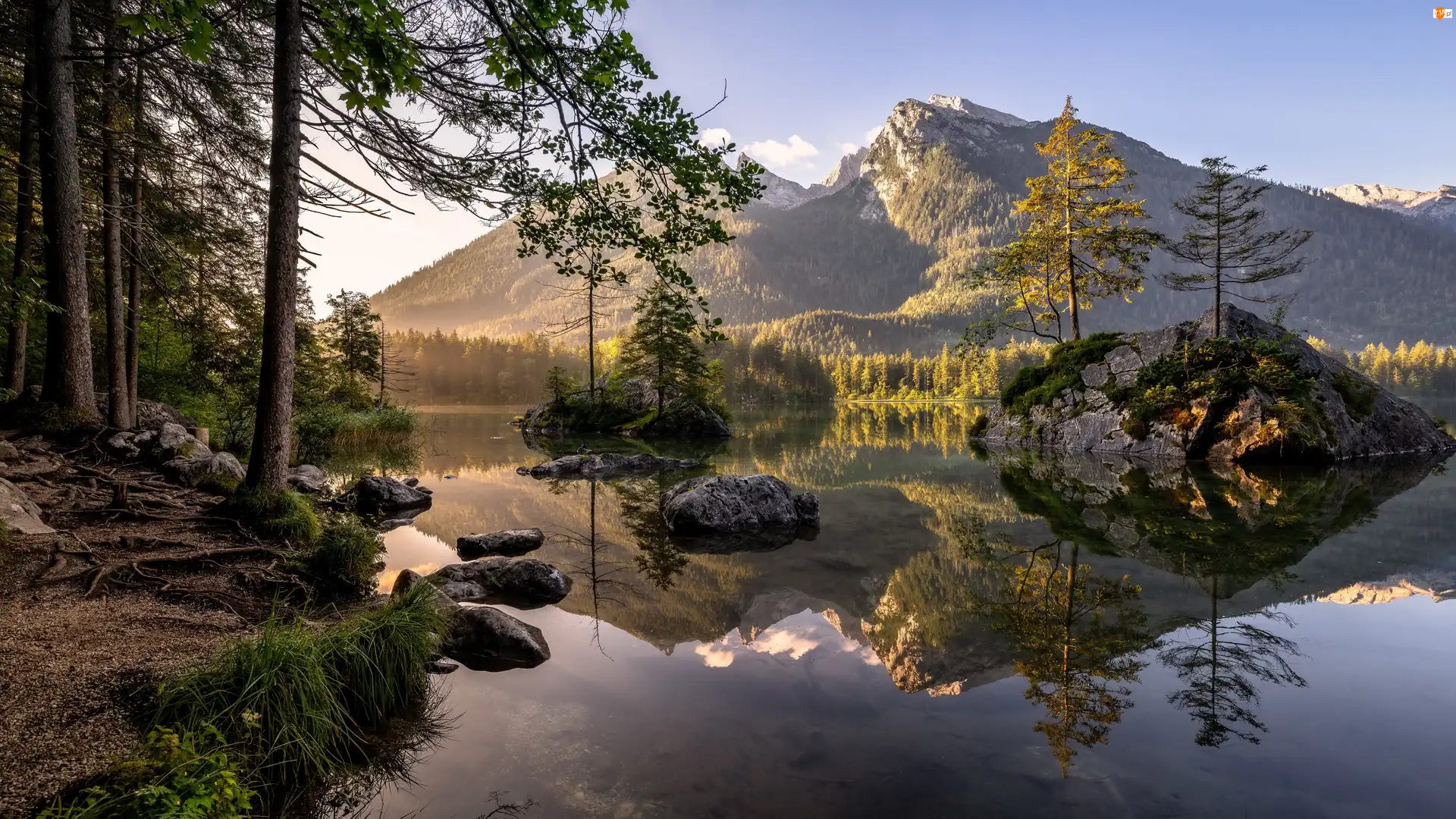 Niemcy, Góry, Bawaria, Kamienie, Berchtesgadener, Alpy, Drzewa, Jezioro Hintersee, Skały
