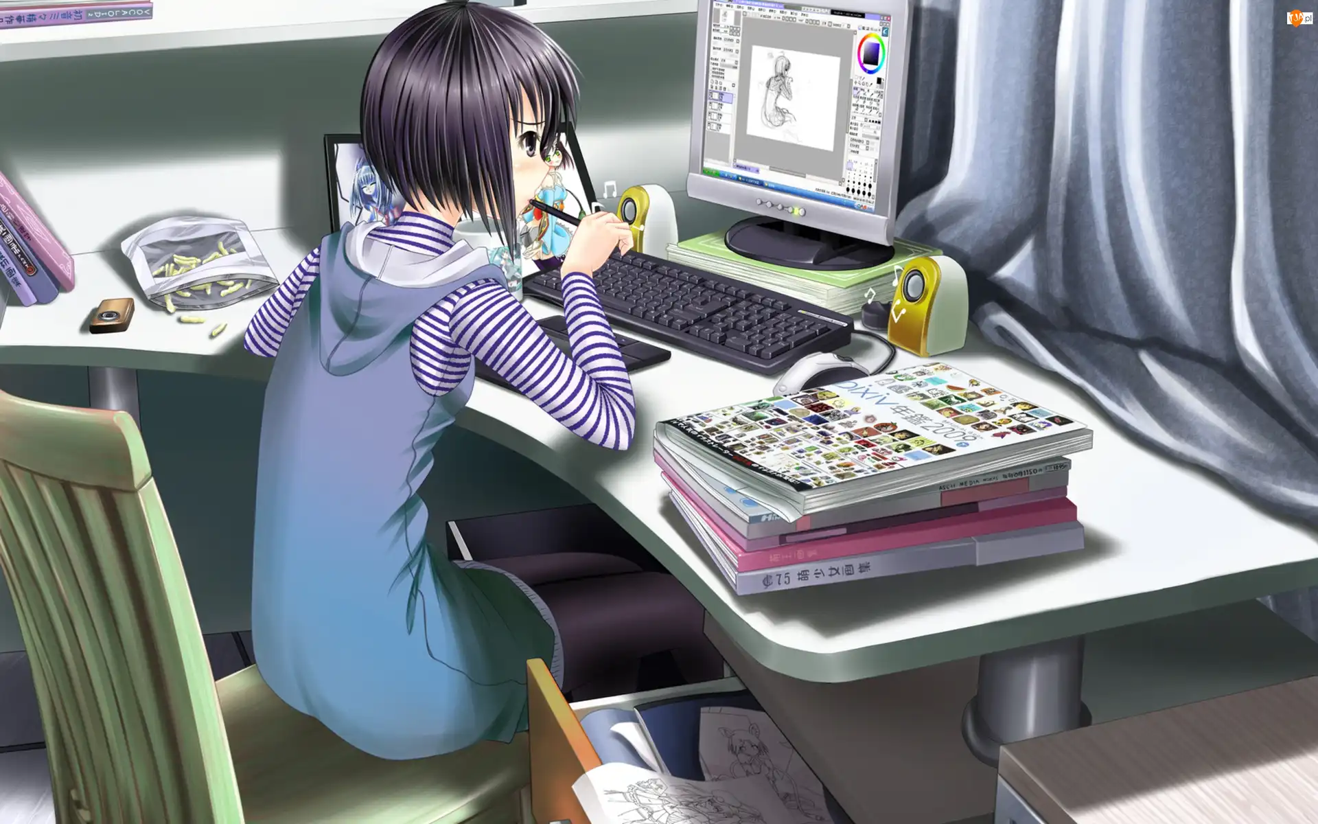 Krzesło, Biurko, Anime, Dziewczyna, Manga, Komputer, Książki